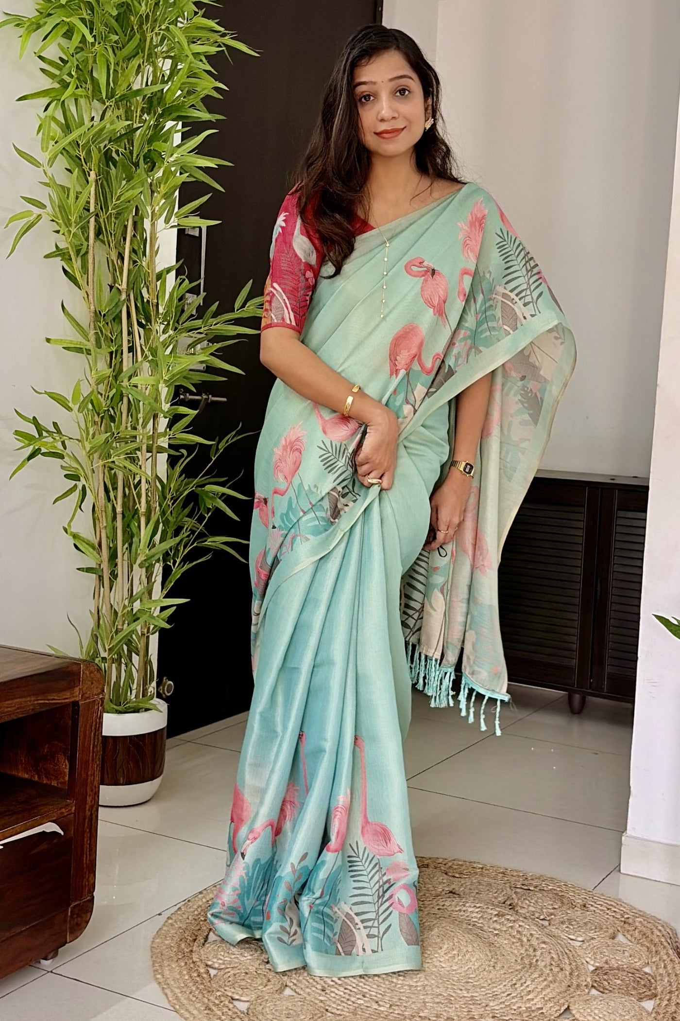 Buy MySilkLove Pastel Blue Printed Linen Saree Online