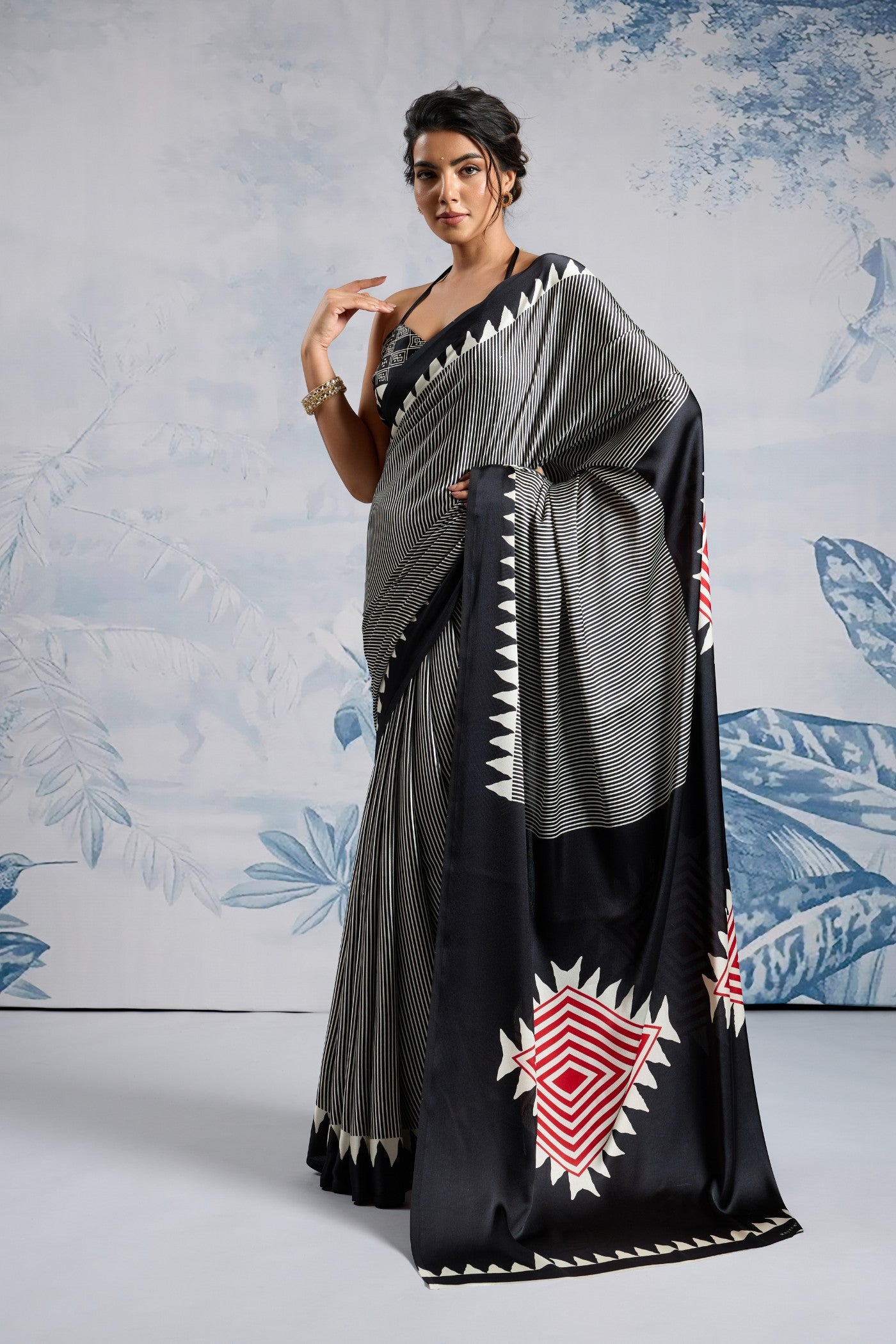 Buy MySilkLove Melanie Black Stripe Ajrakh Printed Satin Crepe Silk Saree Online