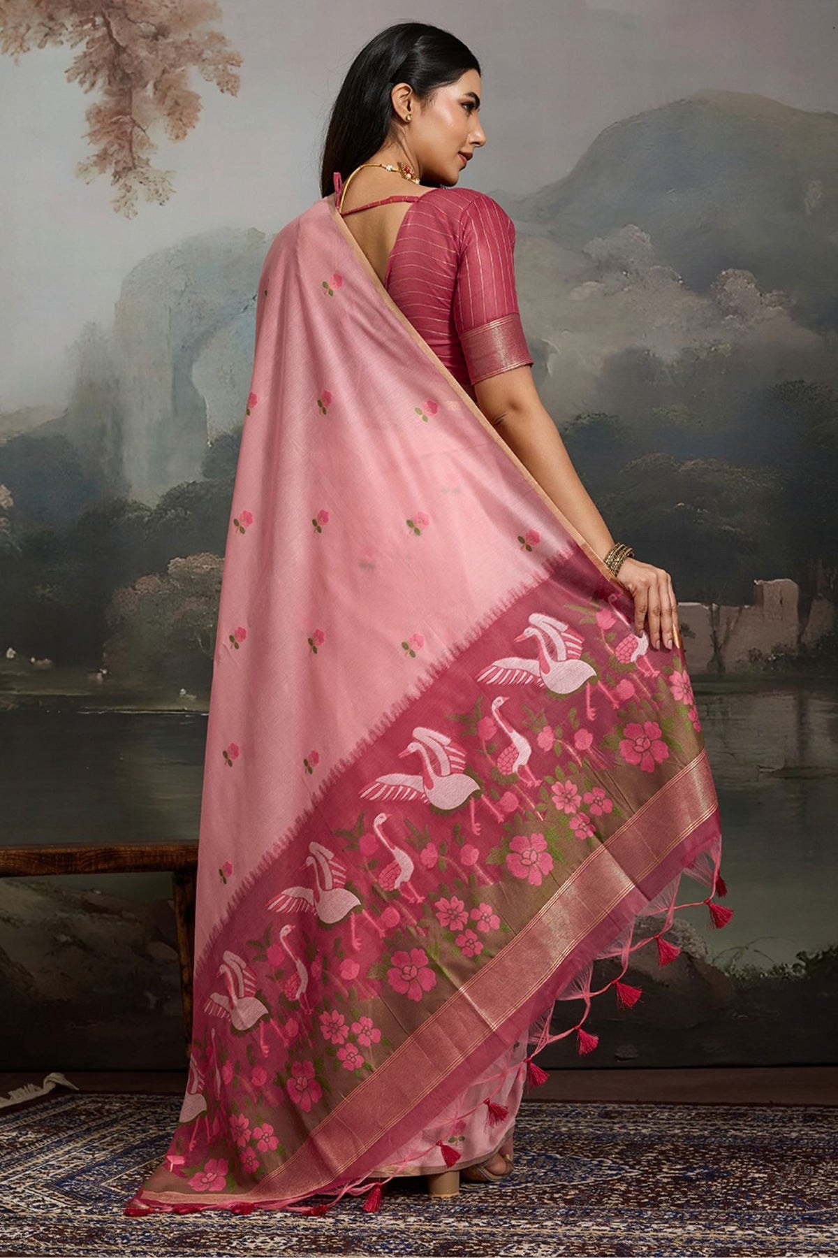 Buy MySilkLove Tulip Blush Pink Cotton Handloom Swan Saree Online