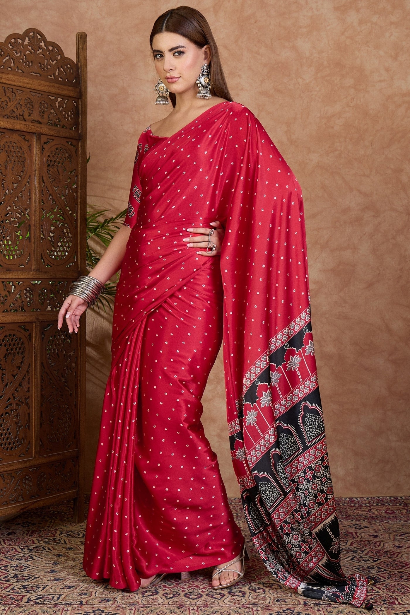 Buy MySilkLove Barn Red Ajrakh Printed Satin Crepe Silk Saree Online