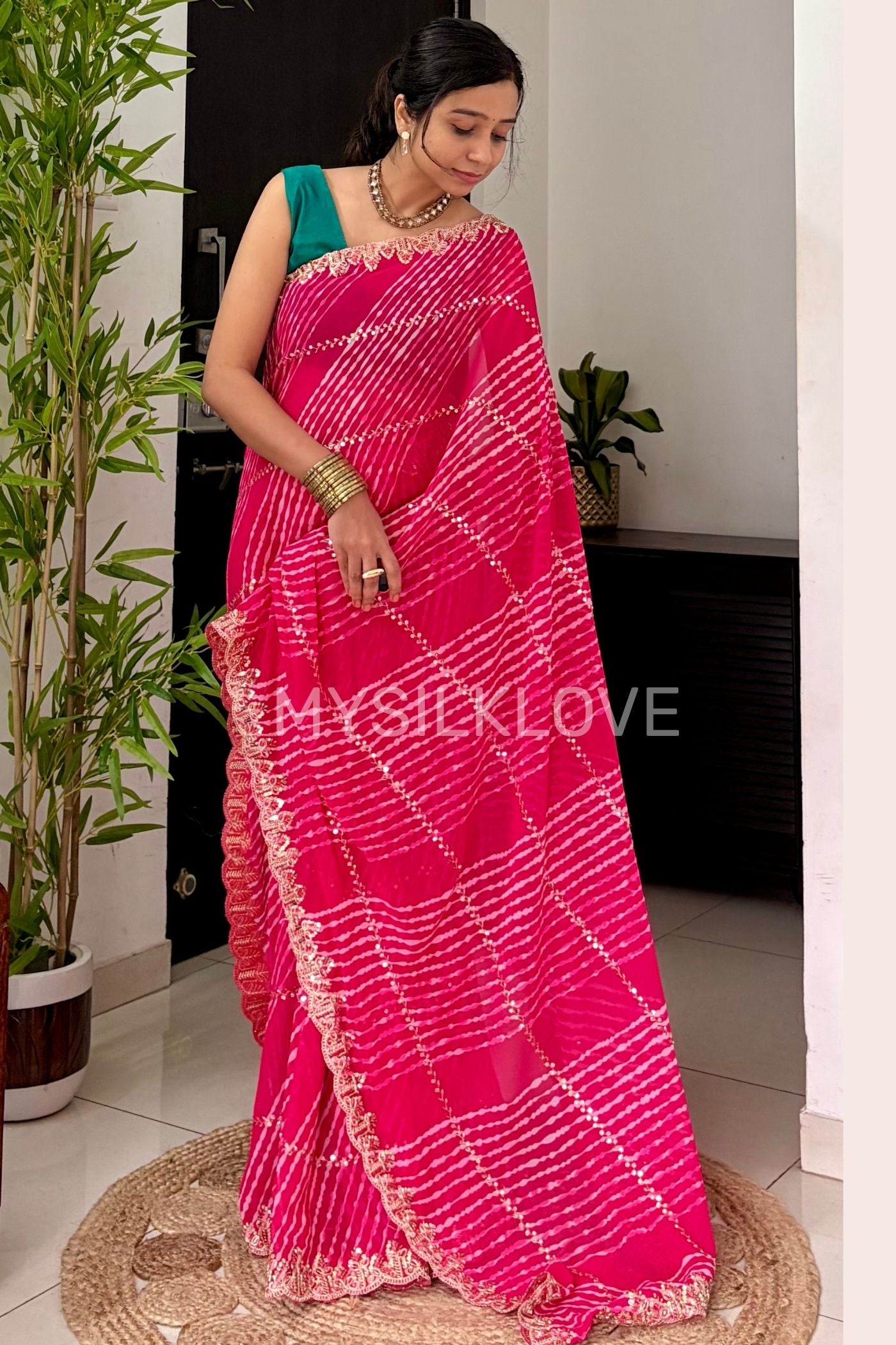 MySilkLove Ruby Pink Designer Bandhani Saree with Designer Handwork Blouse