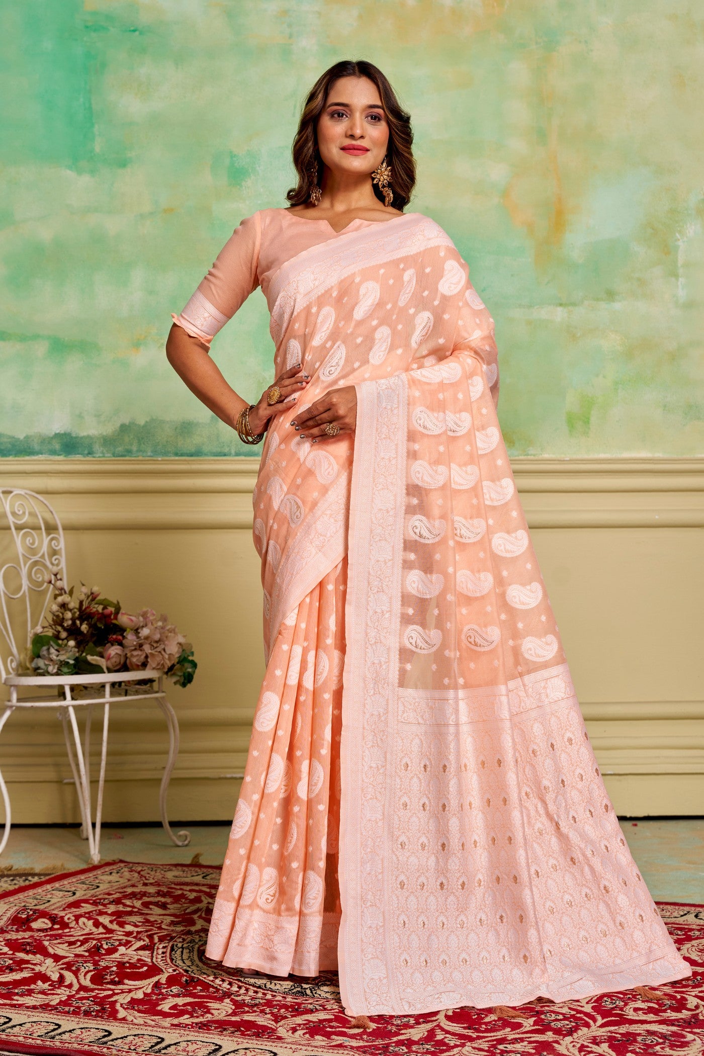 Buy MySilkLove Posy Peach Woven Cotton Saree Online