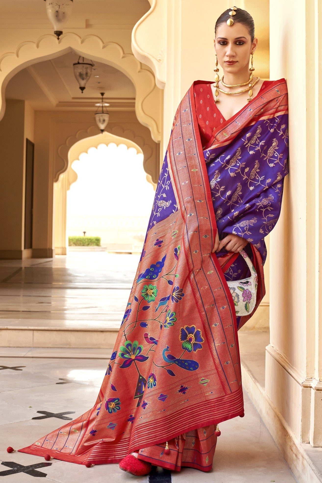 Buy MySilkLove Purple Heart and Red Woven Paithani Designer Saree Online