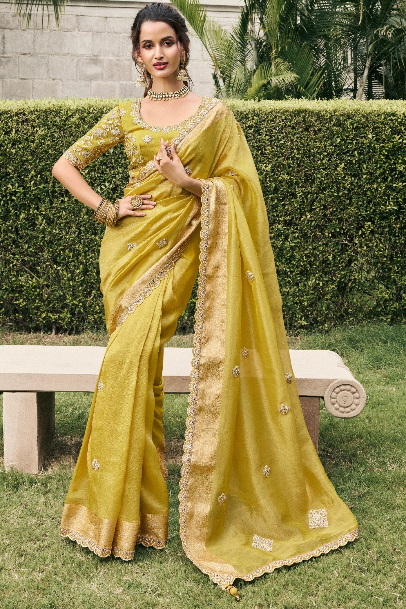 Buy MySilkLove Tussock Yellow Banarasi Designer Embroidered Saree Online