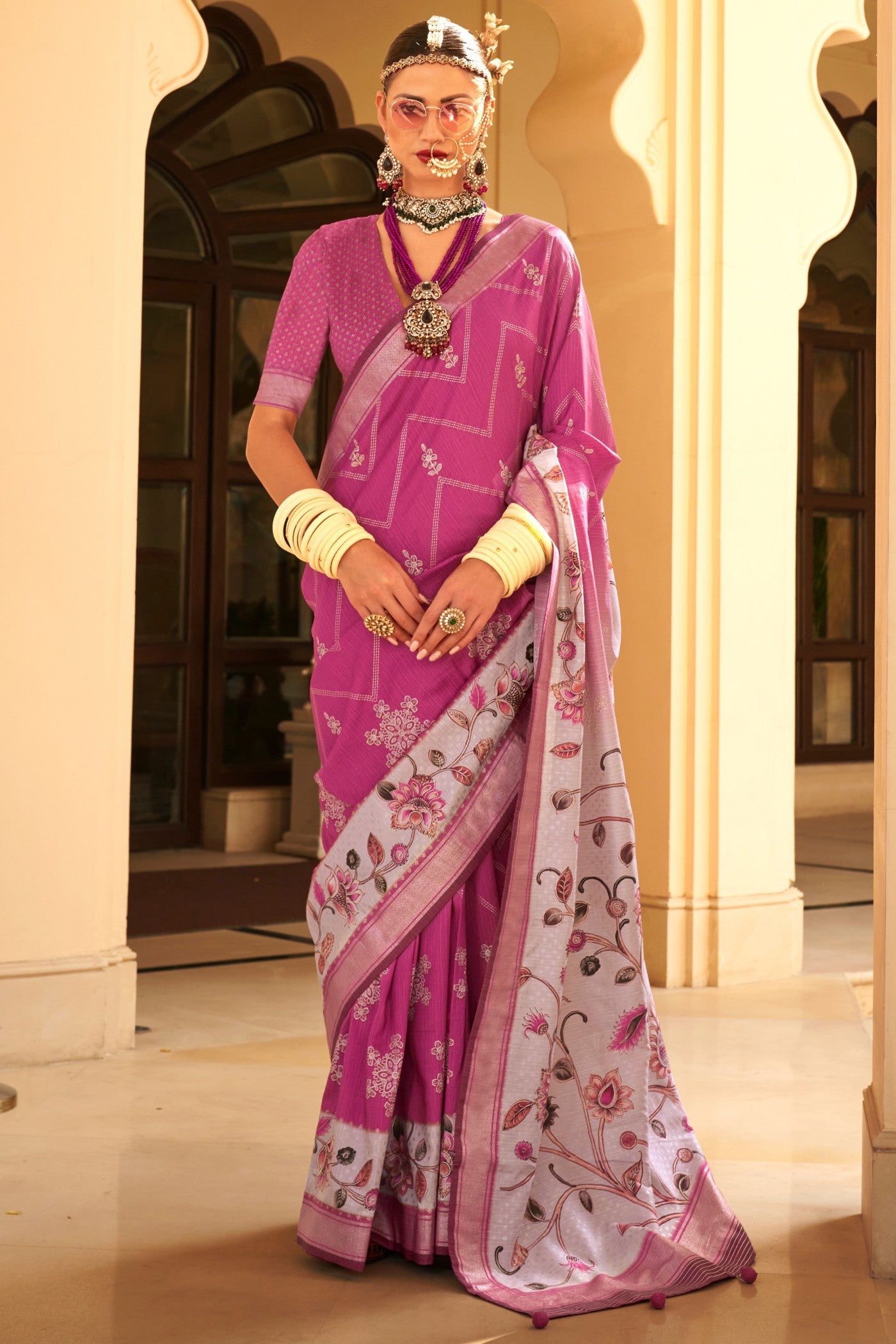 Buy MySilkLove Hibiscus Pink Floral Printed Banarasi Saree Online