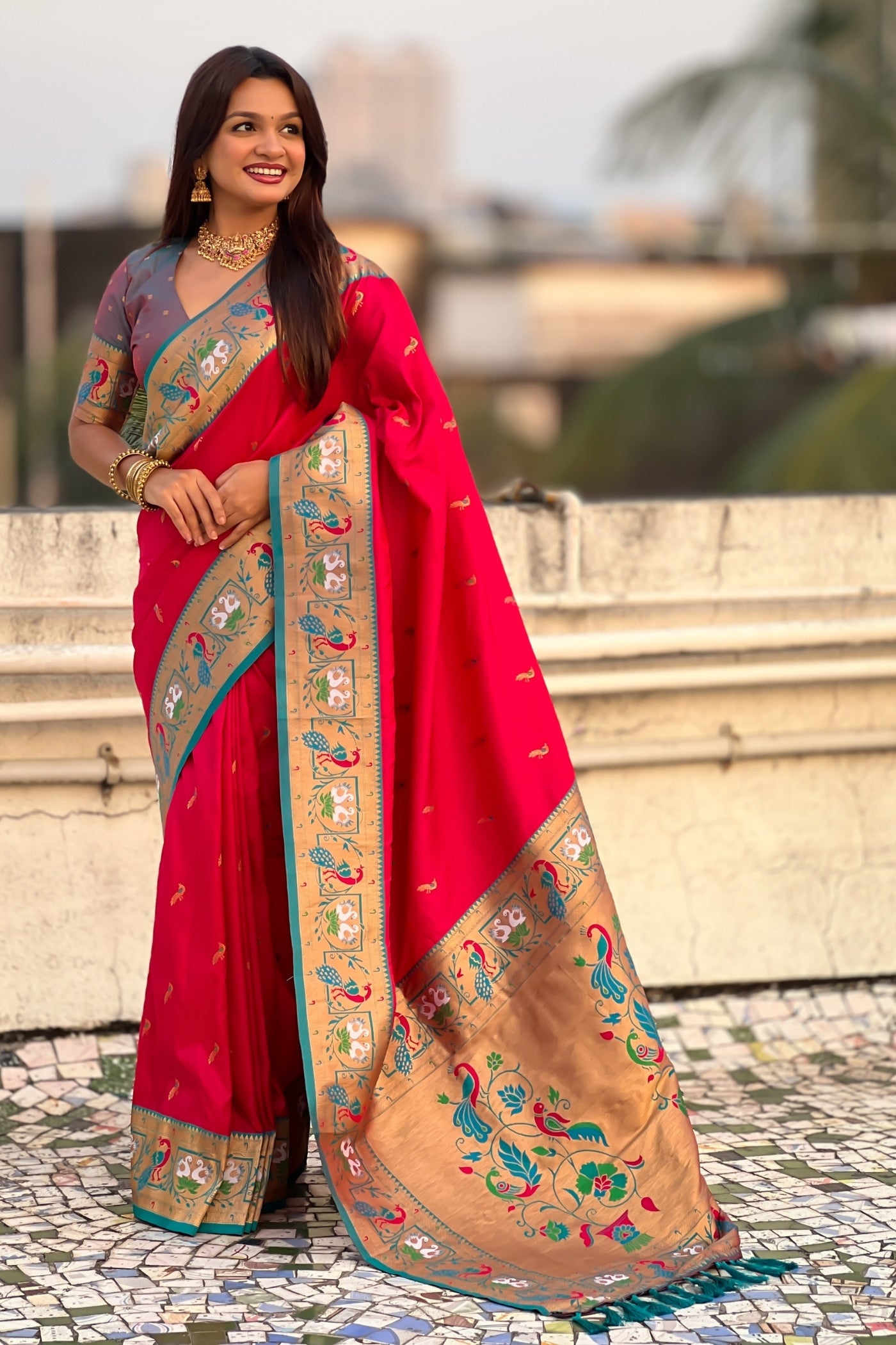 Buy MySilkLove Vermilion Red Zari Woven Paithani Saree Online