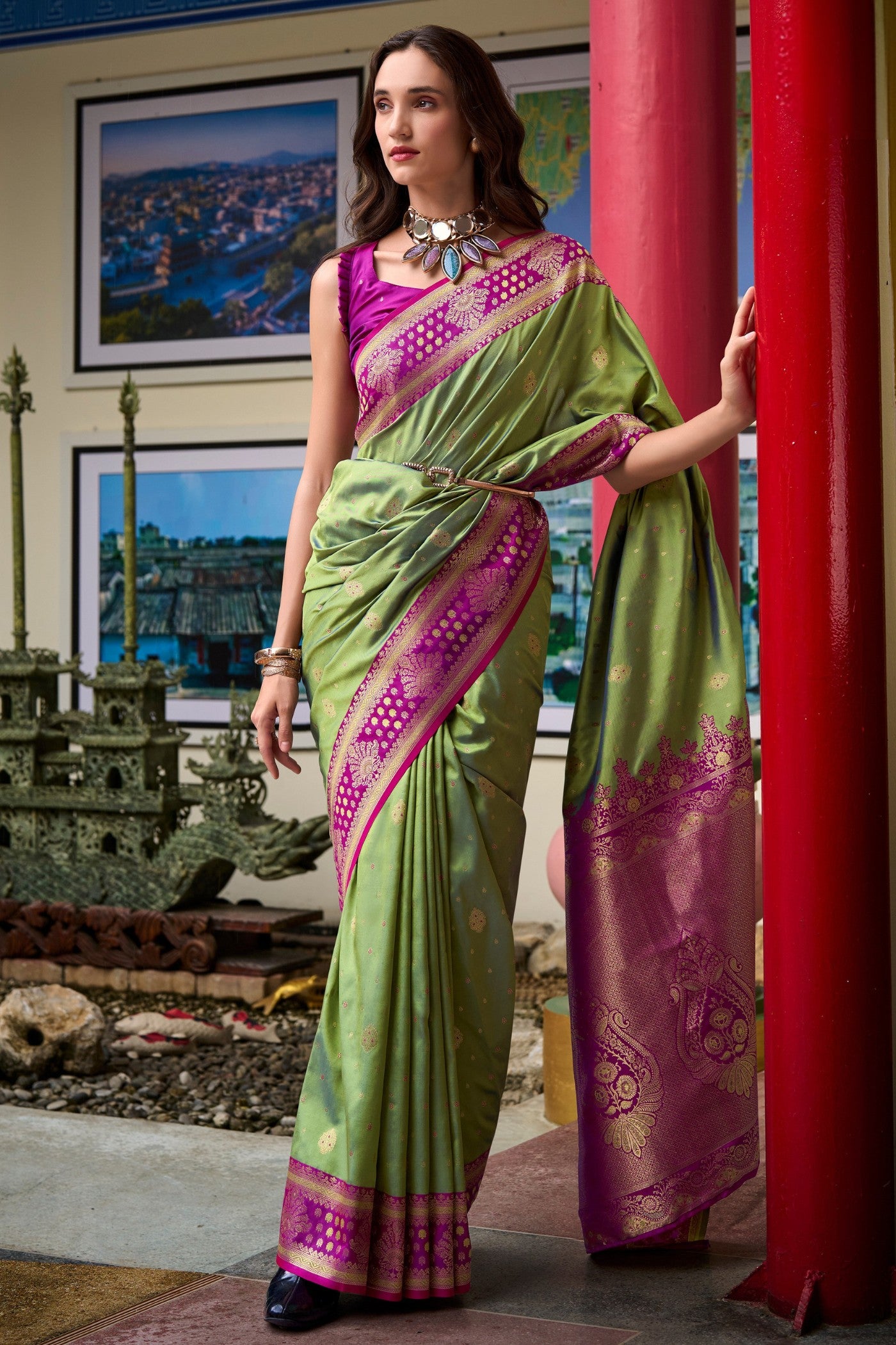 Buy MySilkLove Tecoma Green Woven Banarasi Saree Online