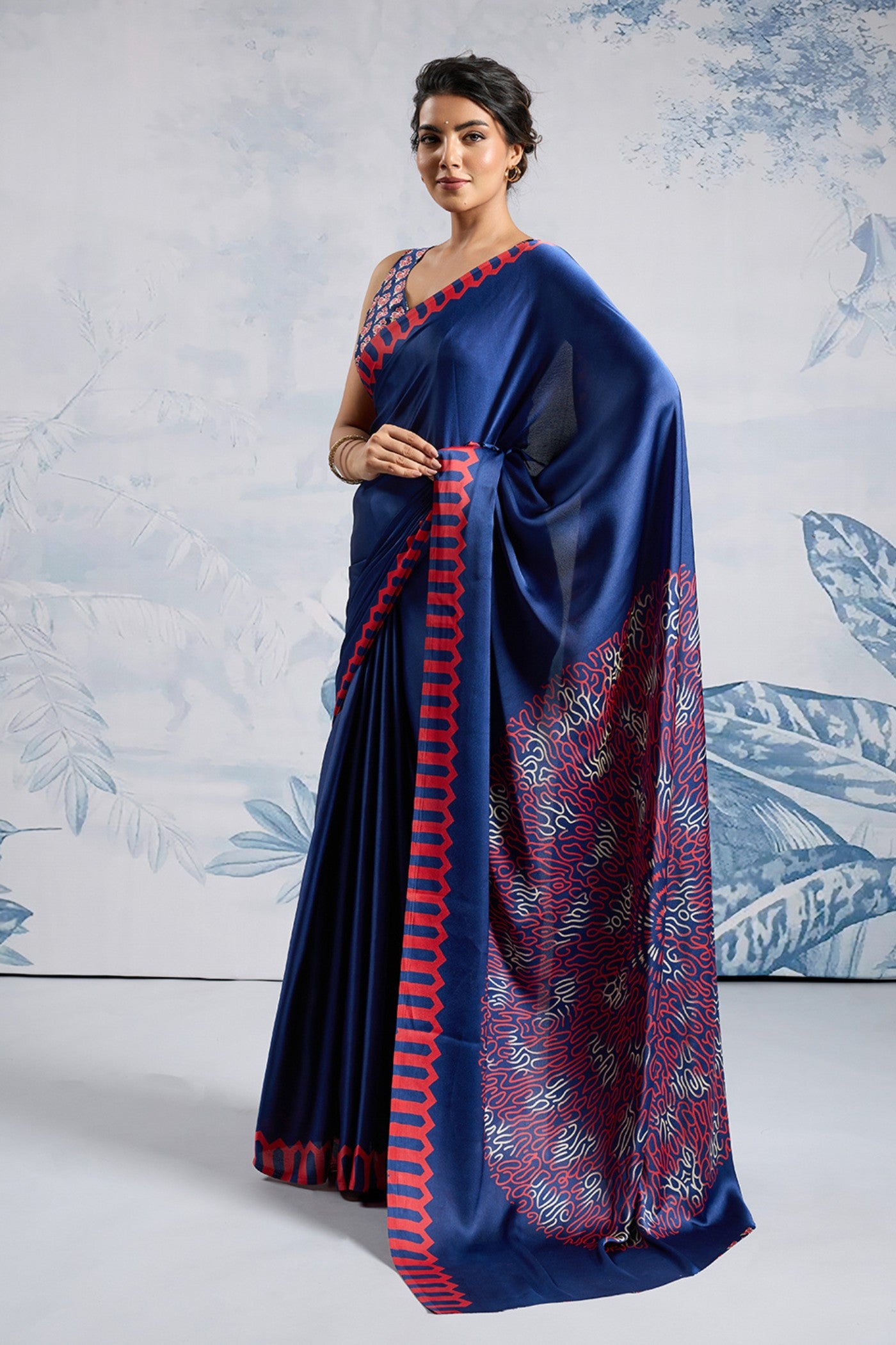 Buy MySilkLove Glacier Blue Printed Satin Crepe Silk Saree Online