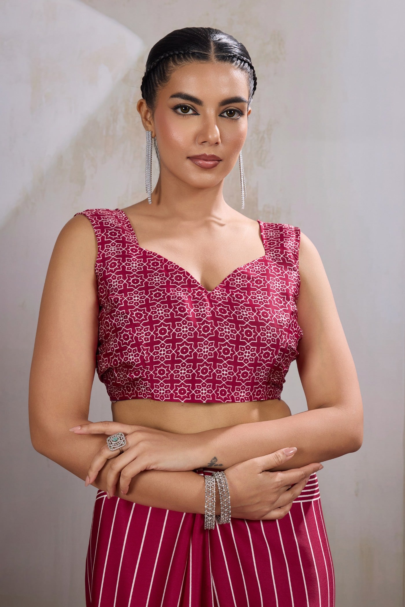 Buy MySilkLove Raspberry Red Ajrakh Printed Satin Crepe Silk Saree Online