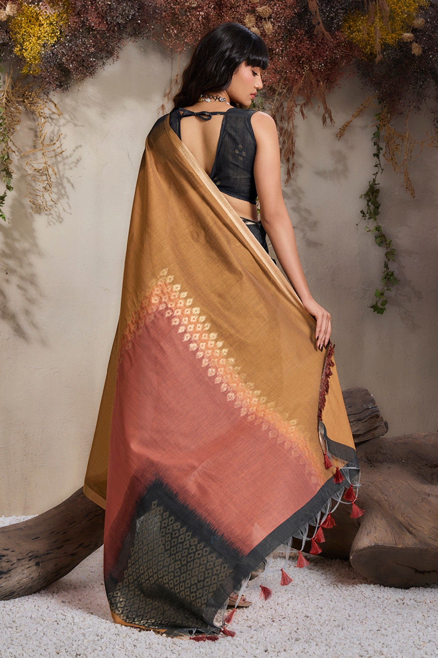 Buy MySilkLove Imperial Black and Yellow Handloom Cotton Saree Online