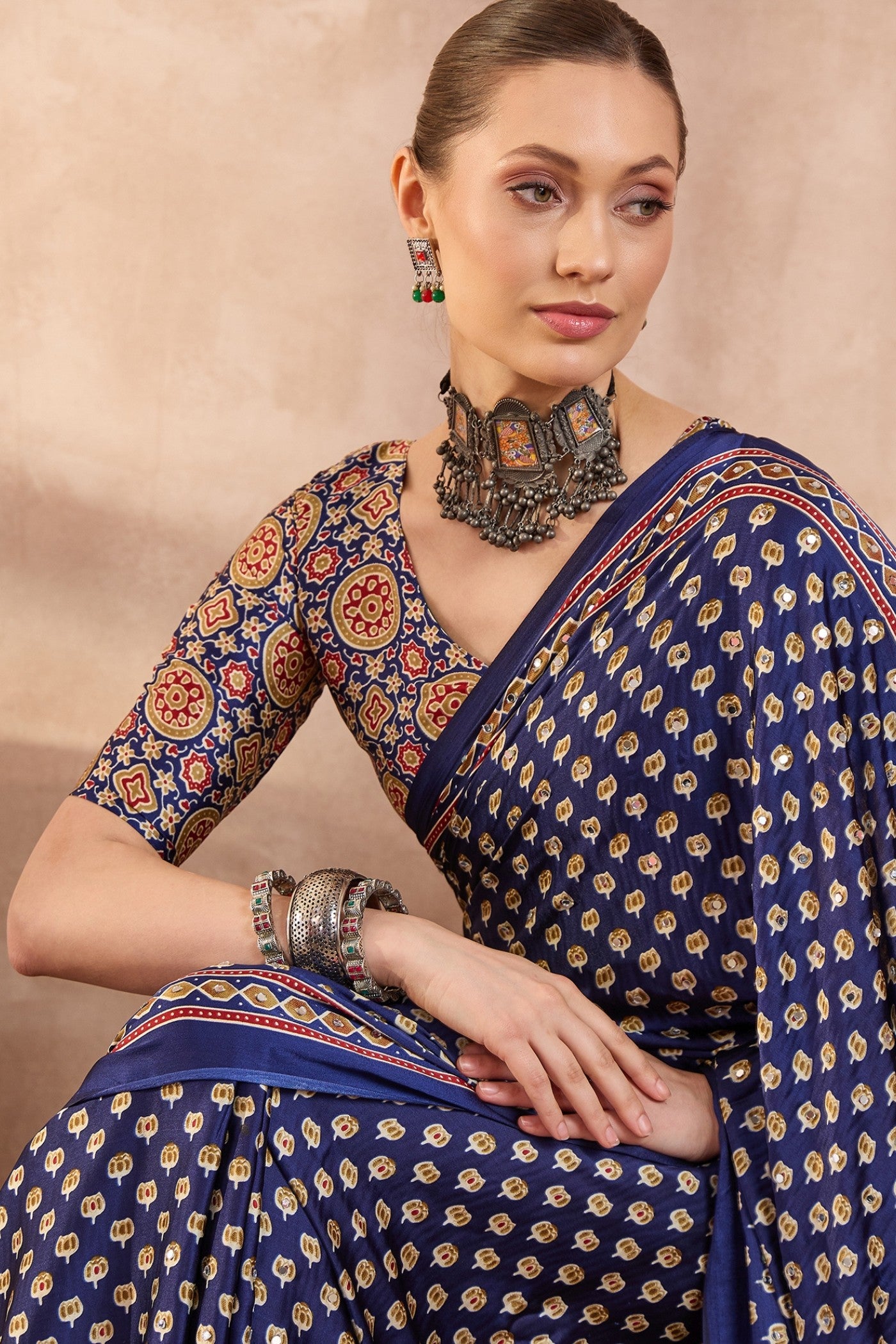 Buy MySilkLove Berry Blue Modal Ajrakh Satin Printed Silk Saree Online