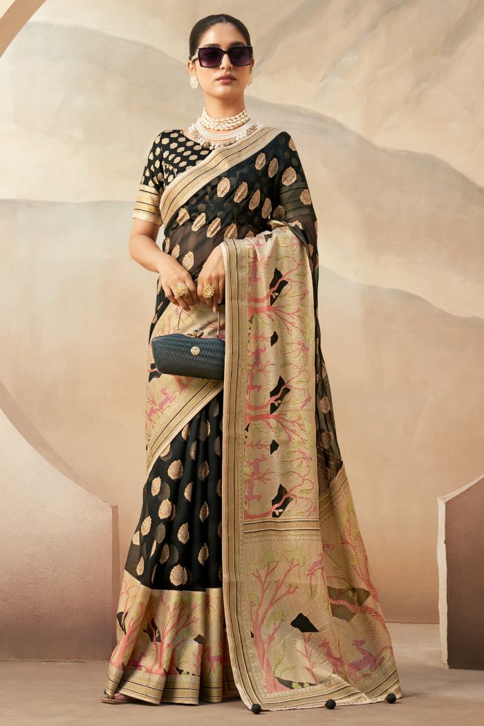 Buy MySilkLove Coco Black Woven Georgette saree Online