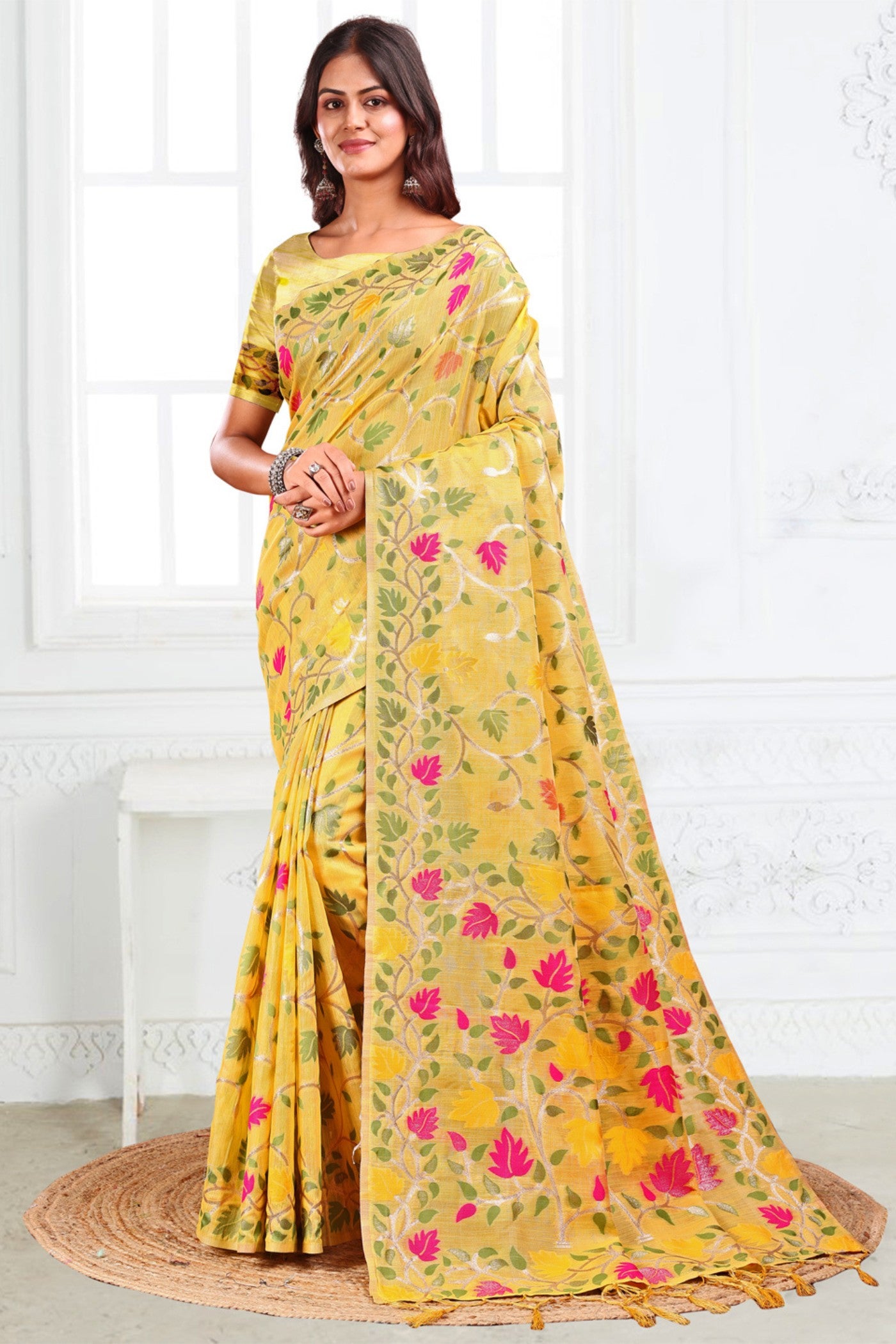 Buy MySilkLove Saffron Yellow Woven Linen Cotton Saree Online