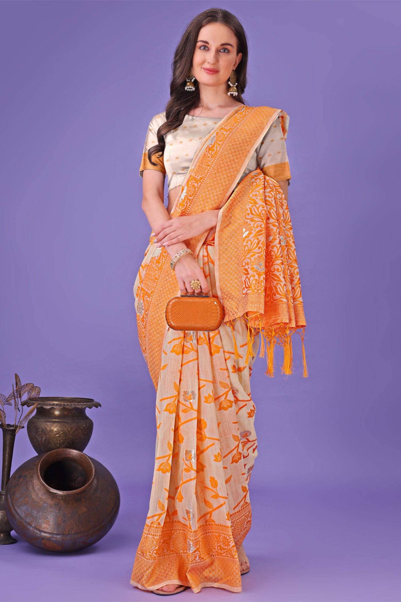 Buy MySilkLove Carrot Orange Linen Cotton Saree Online