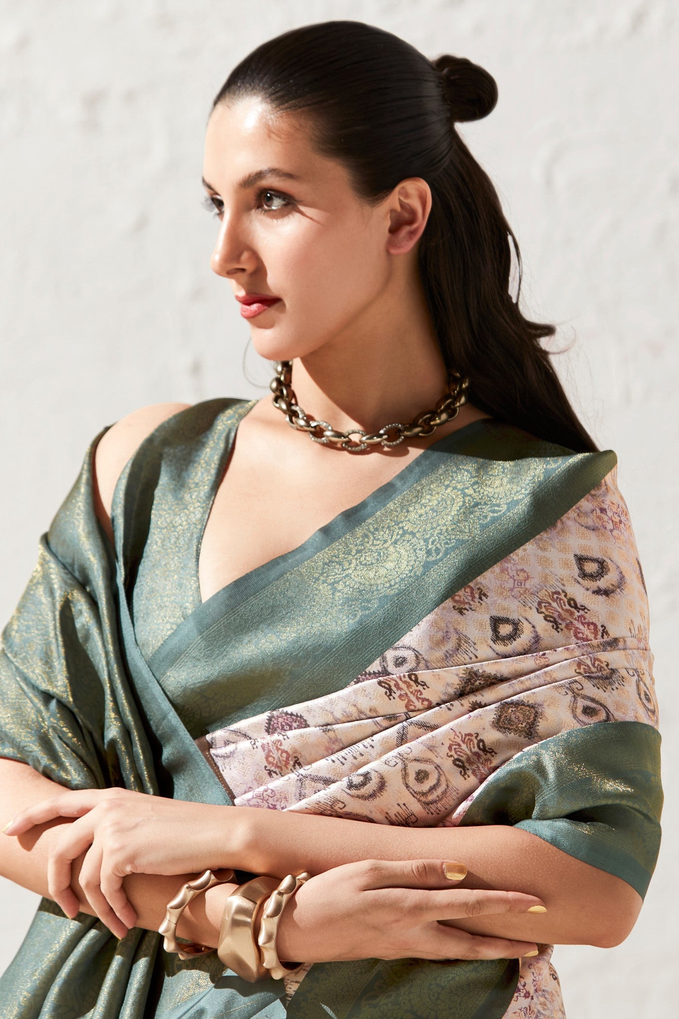 Buy MySilkLove Pablo Green Banarasi Digital Printed Saree Online