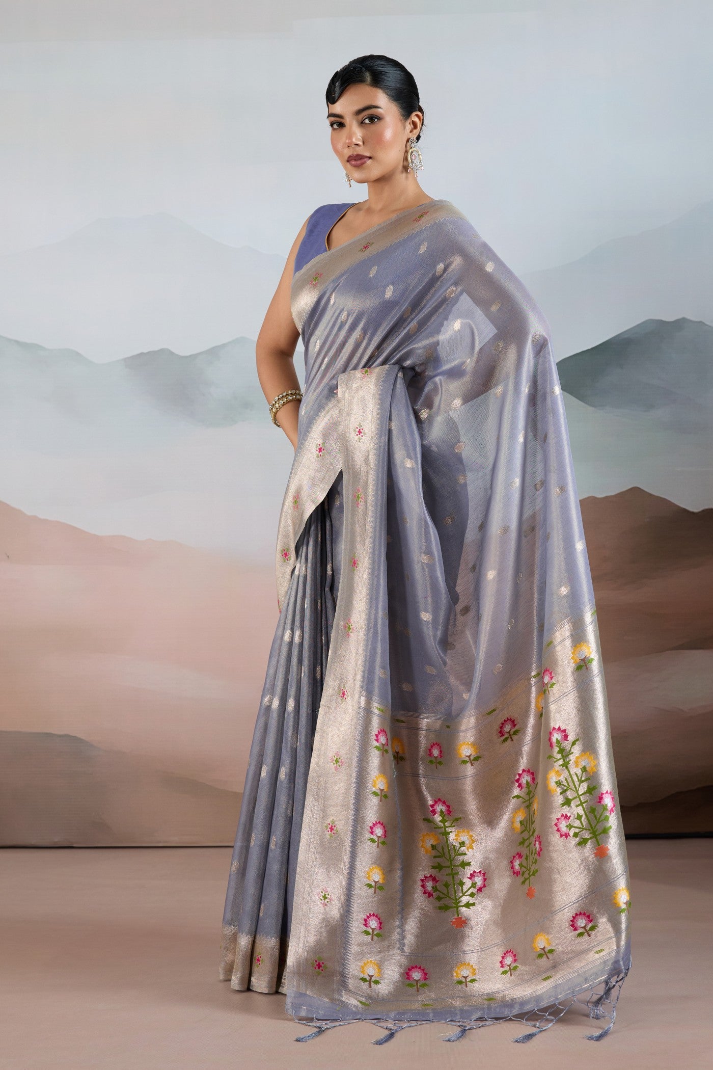 MySilkLove Opaline Grey Zari Woven Tissue Paithani Saree