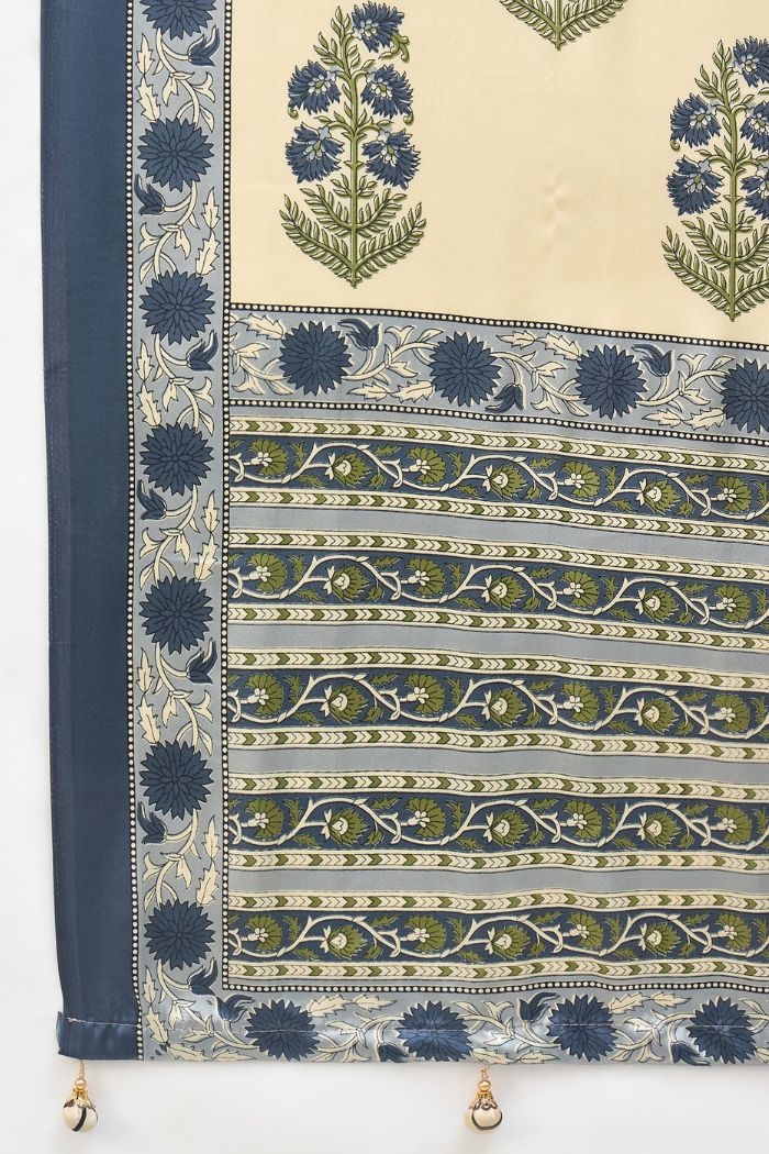 Buy MySilkLove Rice Cream and Blue Modal Satin Printed Silk Saree Online