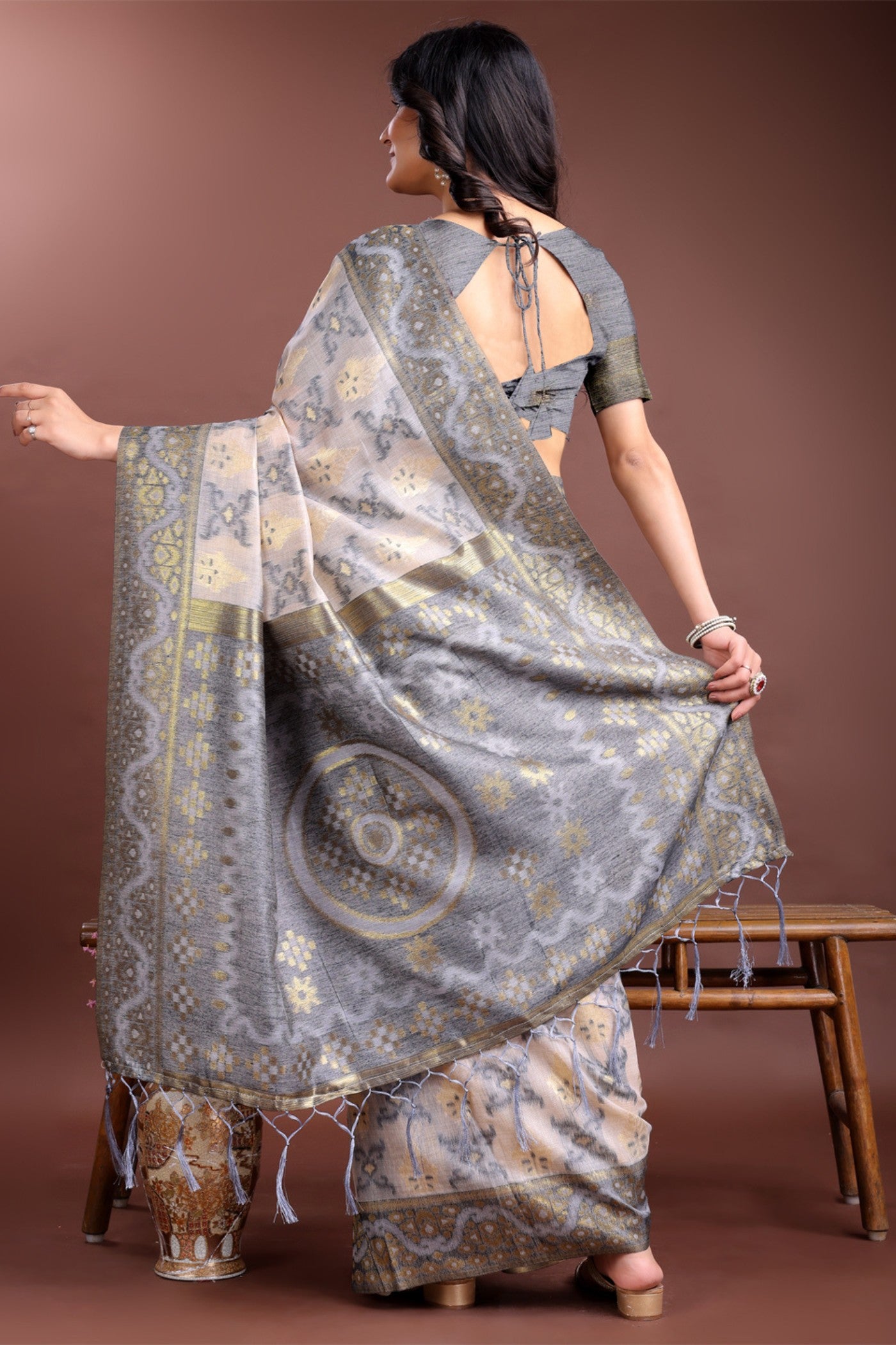 Buy MySilkLove Pewter Grey Linen Cotton Saree Online