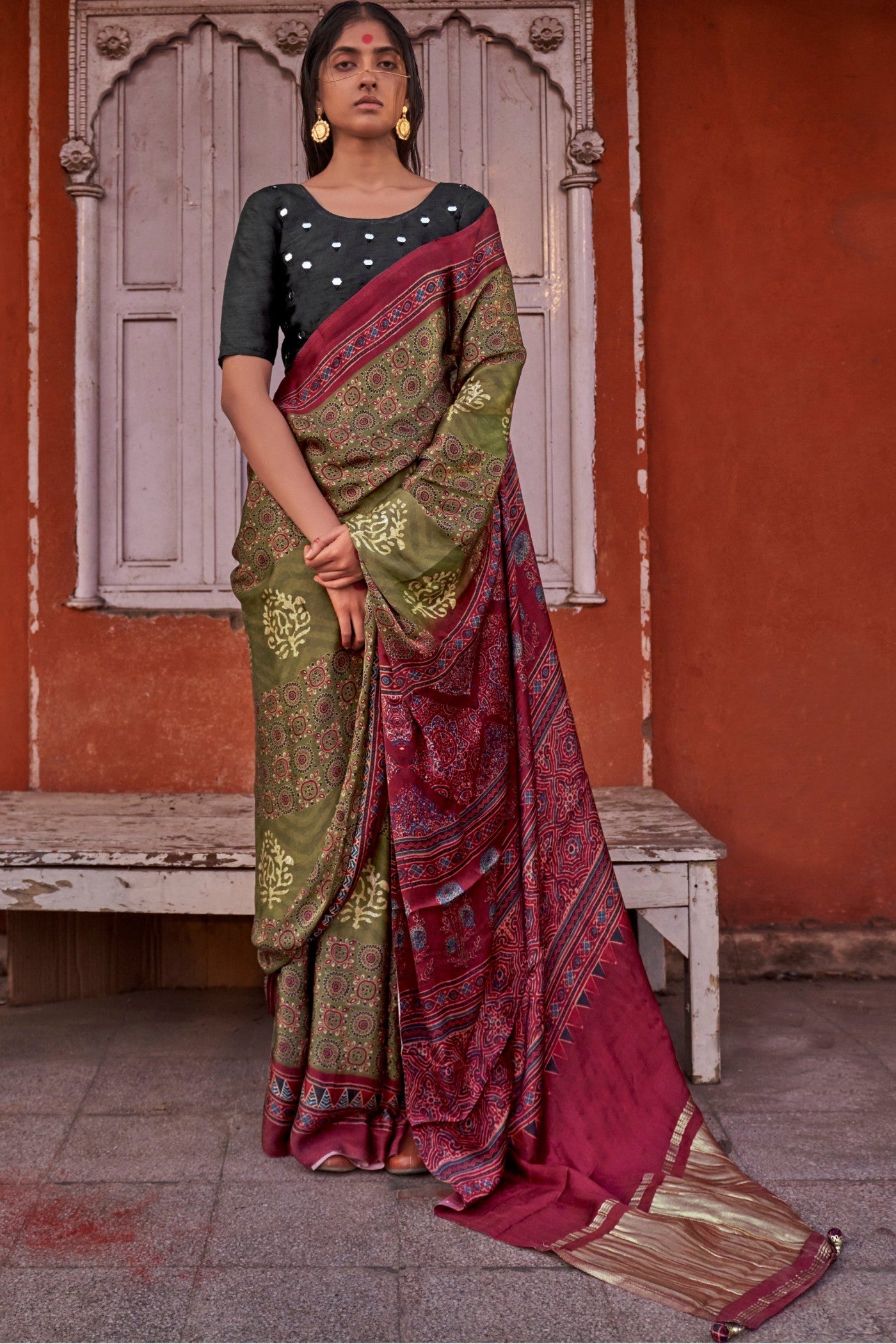 Buy MySilkLove Locust Green and Maroon Ajrakh Handprinted Satin Saree Online