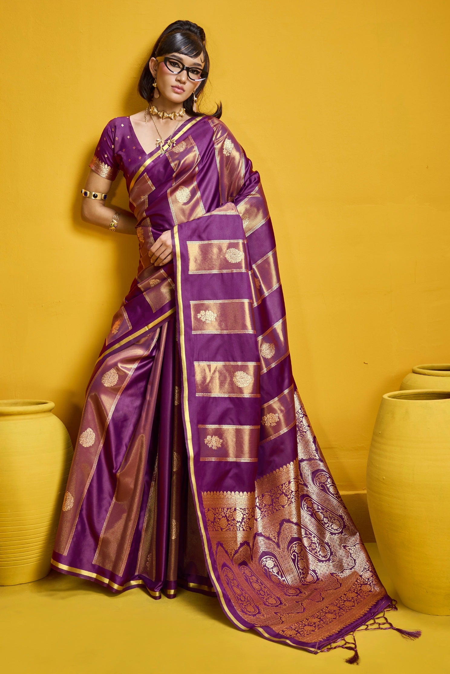 Buy MySilkLove Cosmos Purple Banarasi Handloom Satin Silk Saree Online