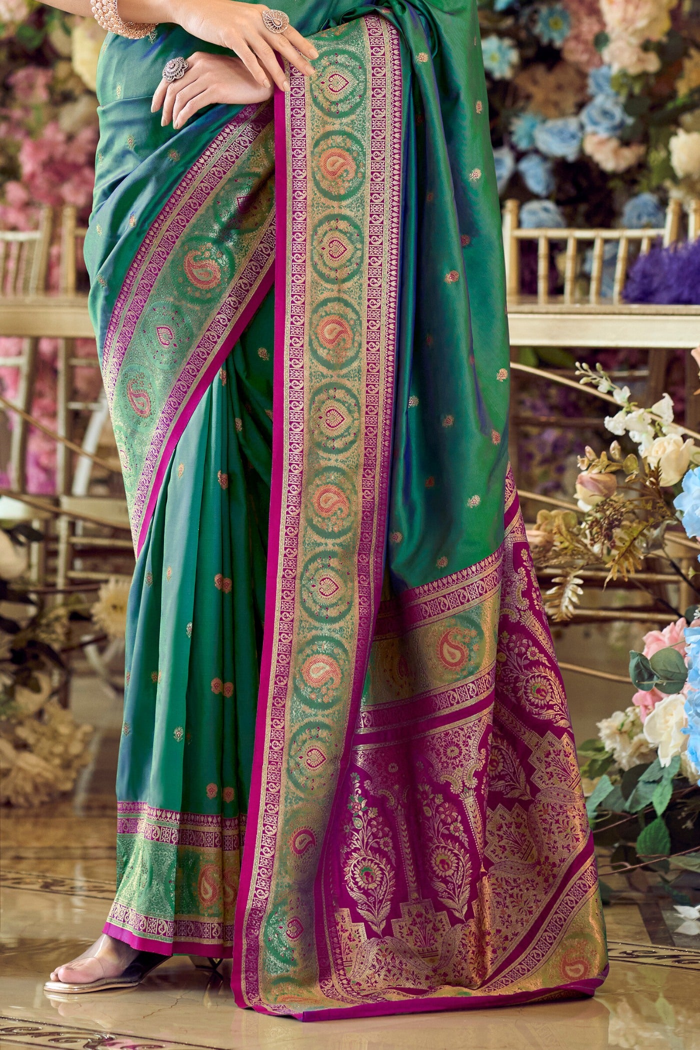 Buy MySilkLove Goblin Green Woven Banarasi Soft Silk Saree Online