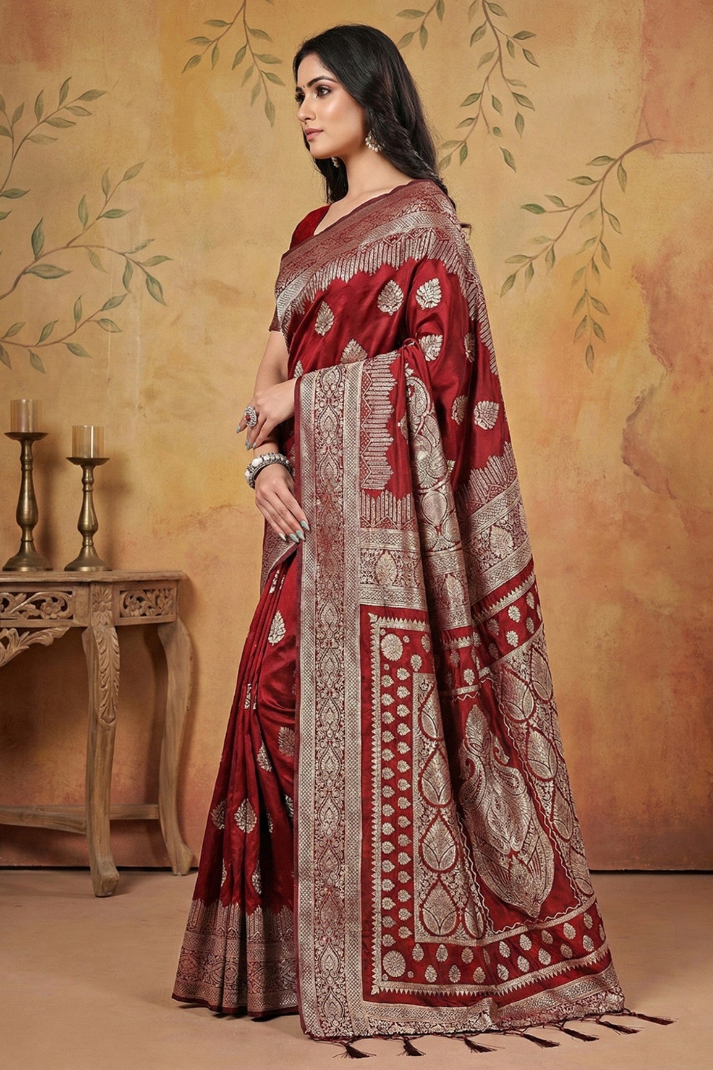 MySilkLove Brunt Maroon Woven Banarasi Silk Saree
