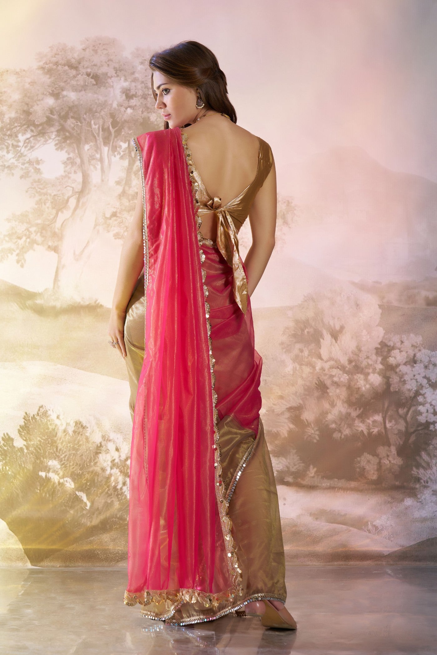 Buy MySilkLove Cardinal Pink and Green Partywear Net Saree Online