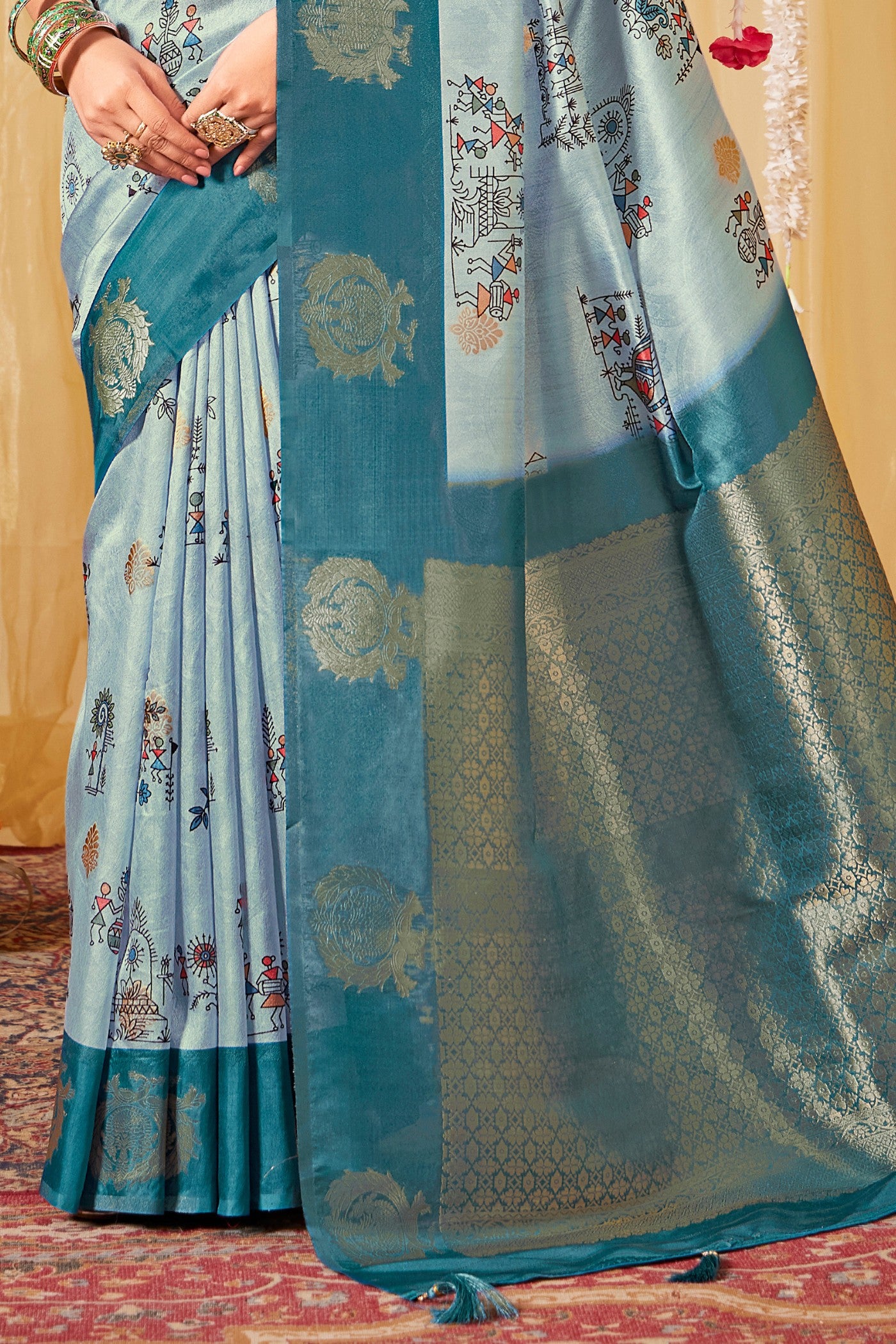 Buy MySilkLove Neptune Blue Kalamkari Printed Saree Online