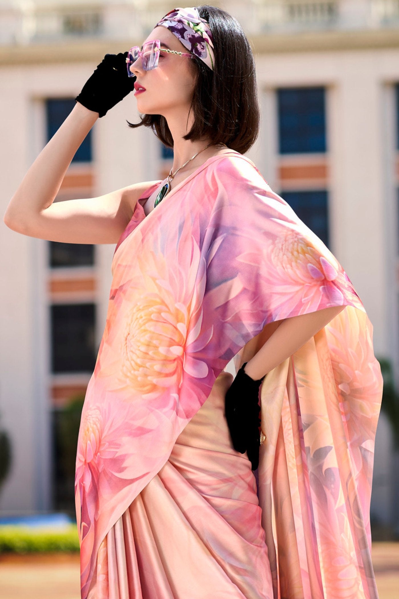 Buy MySilkLove Hopbush Pink Printed Satin Crepe Silk Saree Online