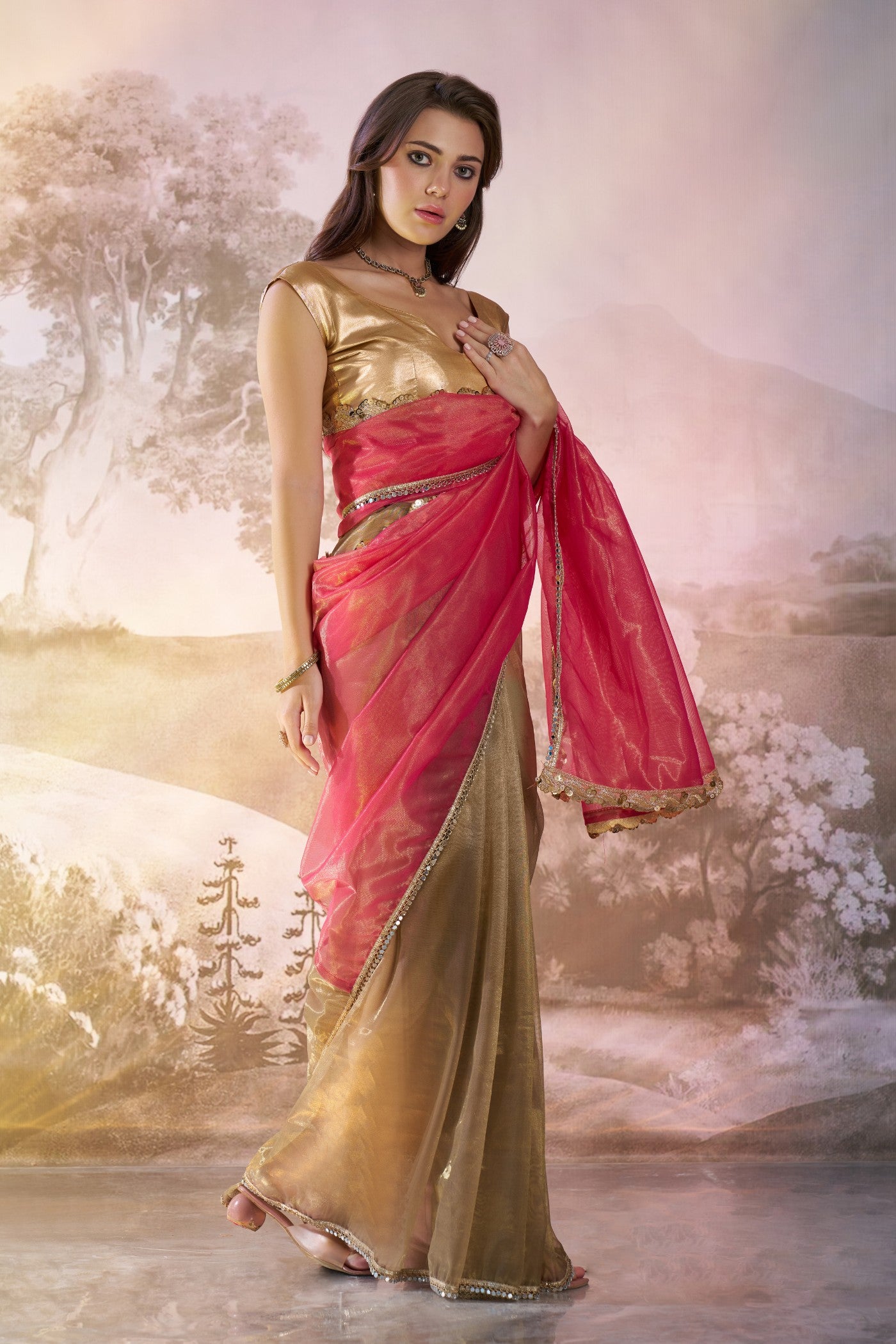 Buy MySilkLove Cardinal Pink and Green Partywear Net Saree Online