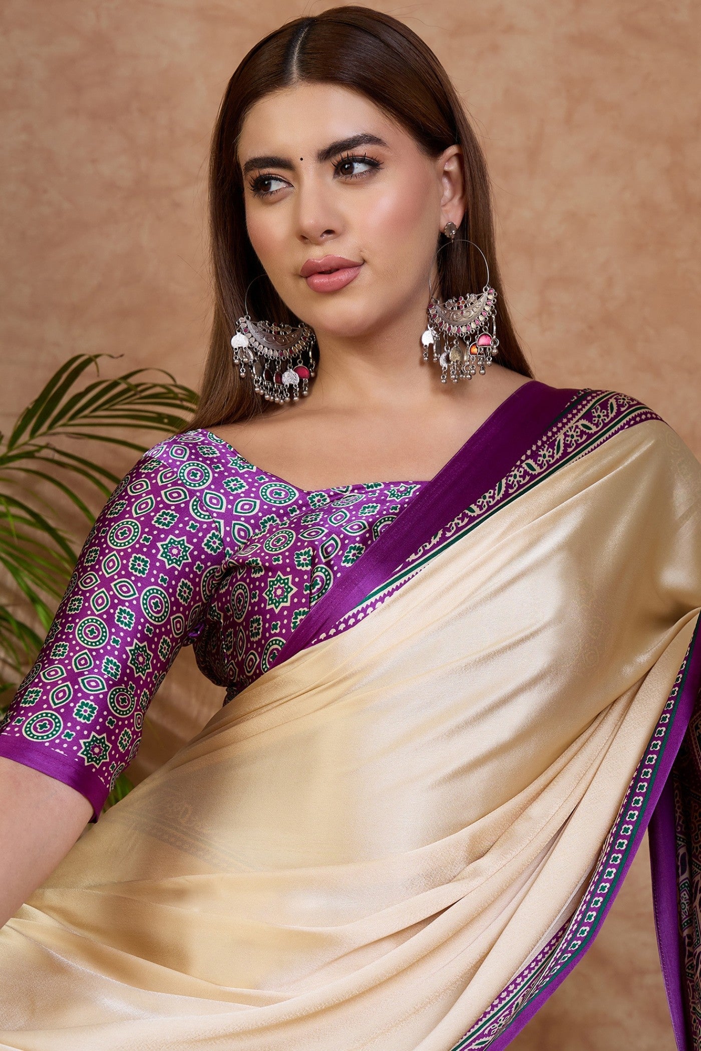 MySilkLove Ivory Cream and Purple Ajrakh Printed Satin Crepe Silk Saree