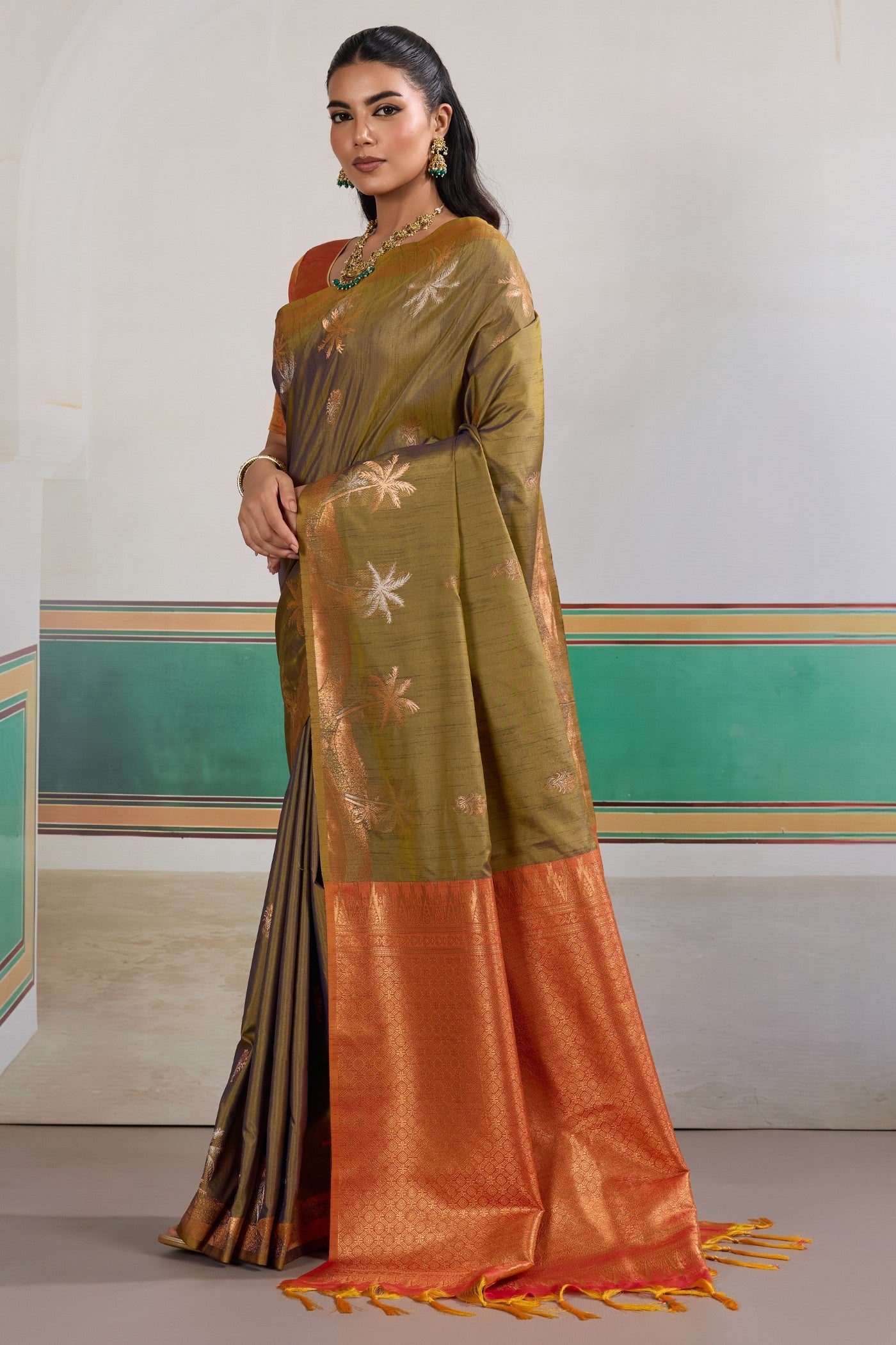 Buy MySilkLove Dust Green Banarasi Handloom Tussar Saree Online