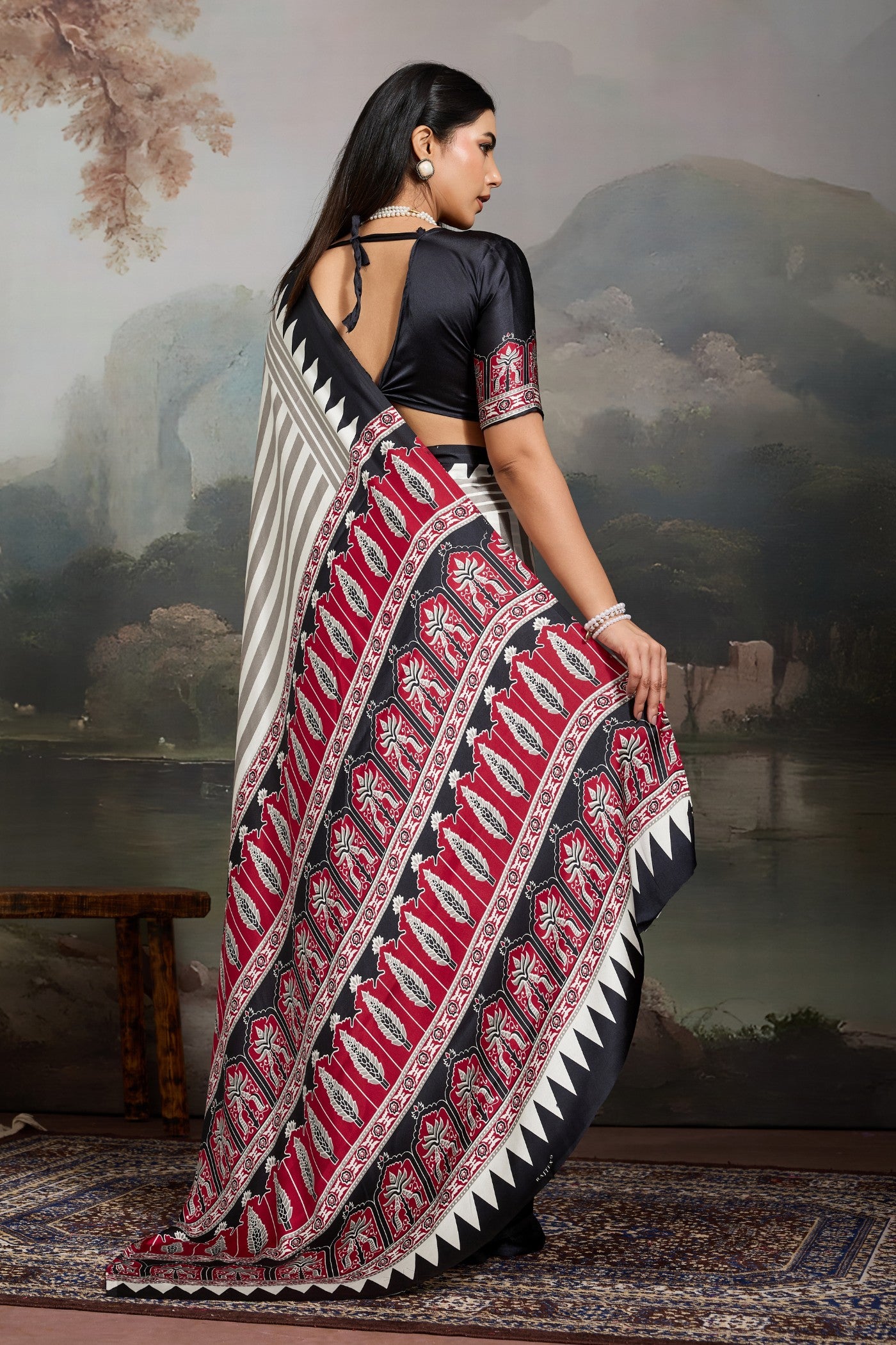 Buy MySilkLove Cornsilk White and Black Ajrakh Printed Satin Crepe Silk Saree Online