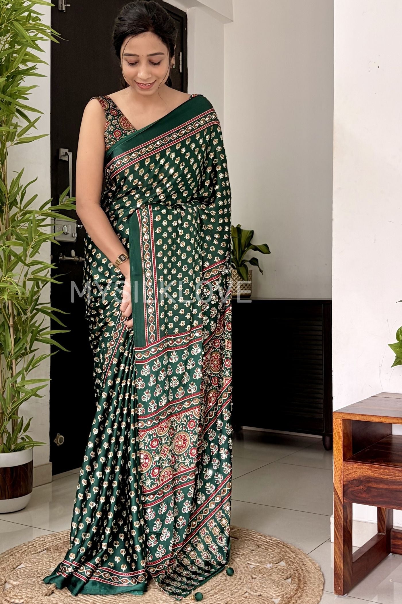 Buy MySilkLove Bottle Green Ajrakh Printed Mirror Work satin Saree Online