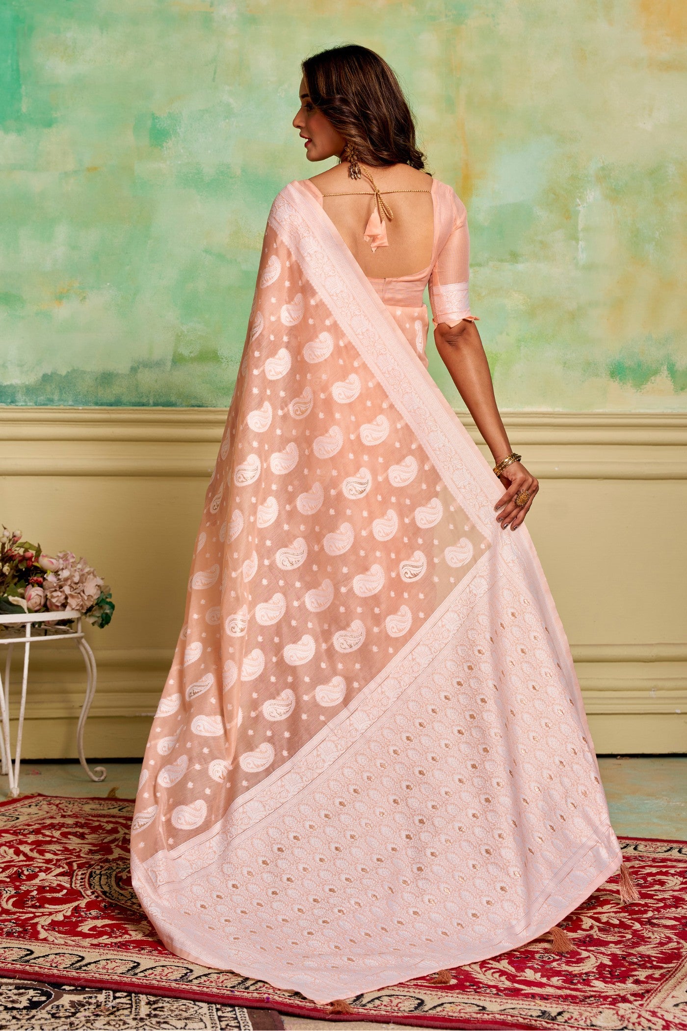 Buy MySilkLove Posy Peach Woven Cotton Saree Online