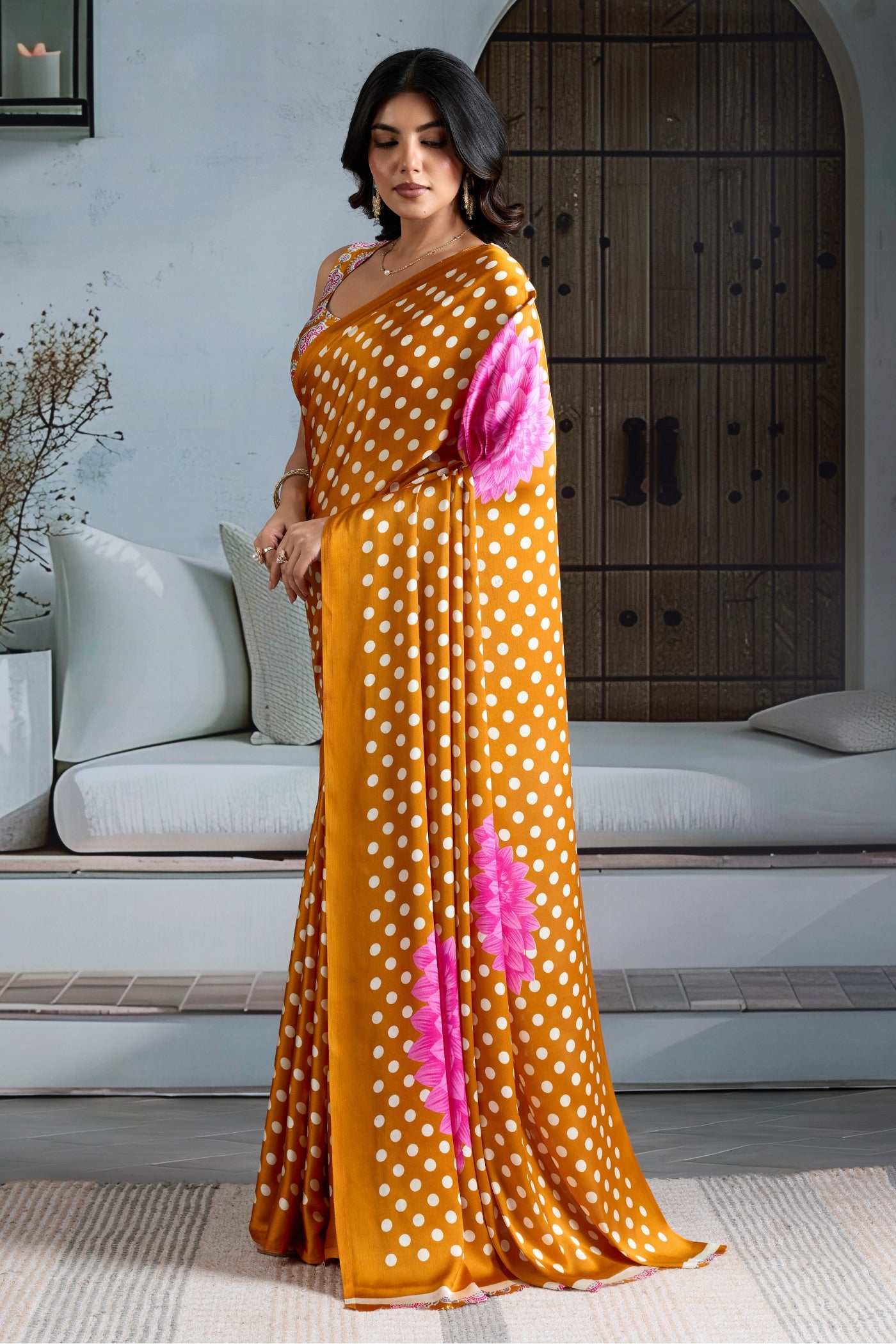 Buy MySilkLove Saffron Yellow Printed Polka Dots Satin Crepe Saree Online