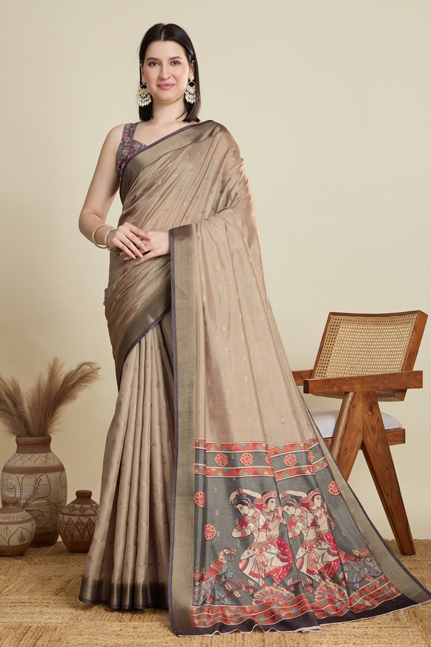 Buy MySilkLove Buff Brown Woven Cotton Saree Online