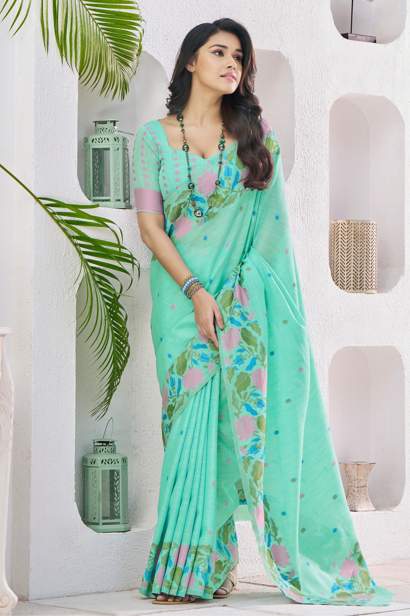 Buy MySilkLove Monte Carlo Green Woven Linen Saree Online