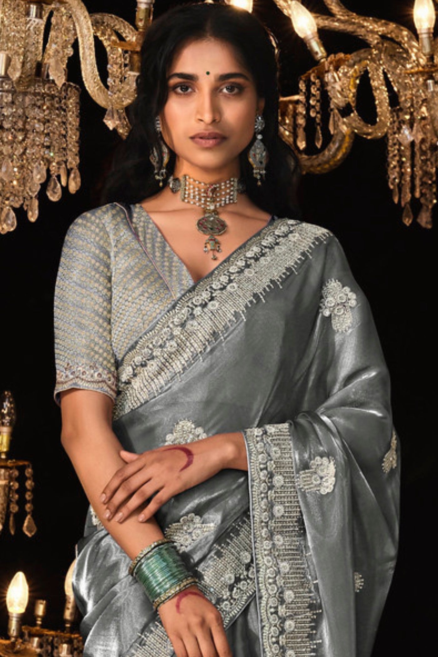 Buy MySilkLove Graphite Grey Tissue Embroidered Designer Saree Online