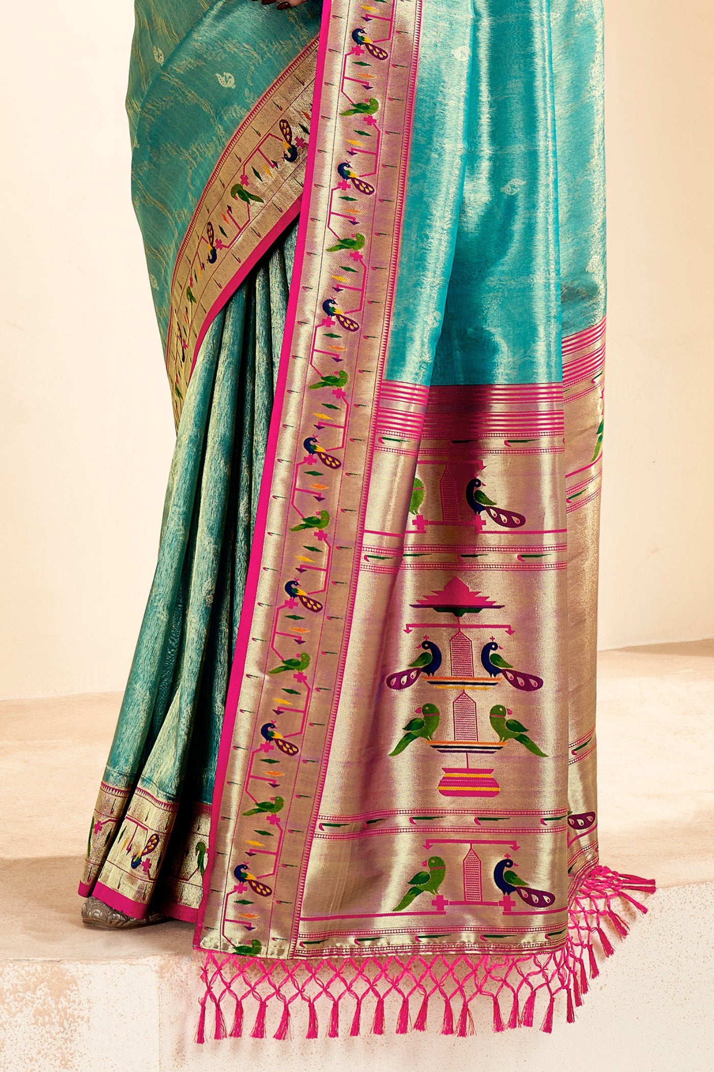 Buy MySilkLove Sea Turtle Green Zari Woven Paithani Tissue Saree Online