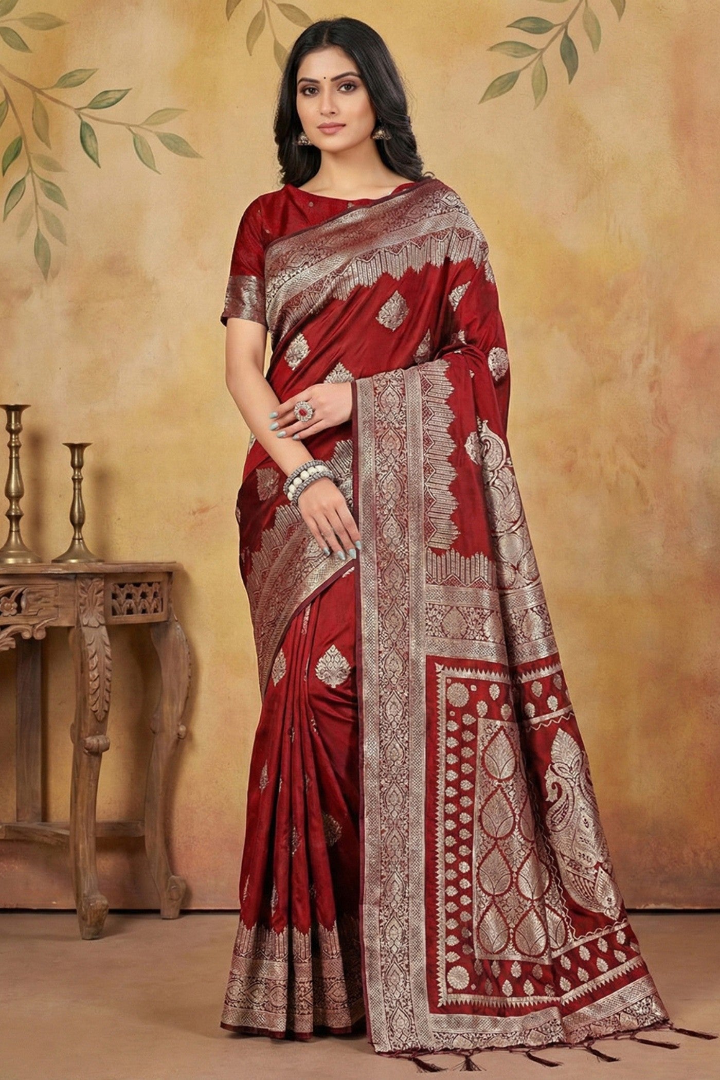 Buy MySilkLove Brunt Maroon Woven Banarasi Silk Saree Online