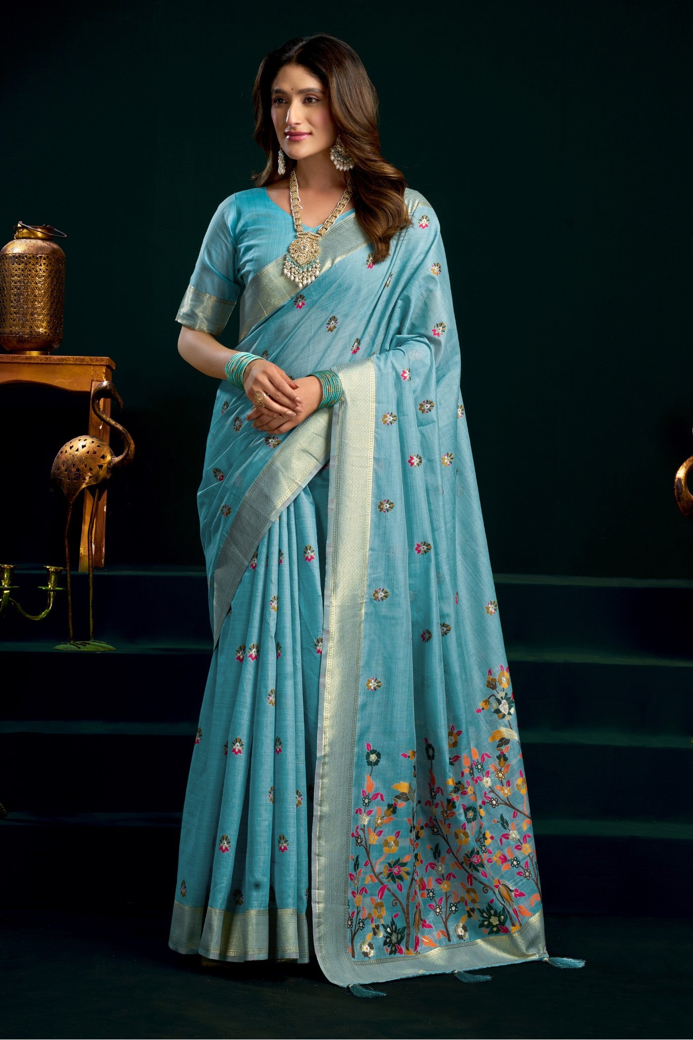 Buy MySilkLove Baby Blue Handloom Muga Cotton Saree Online