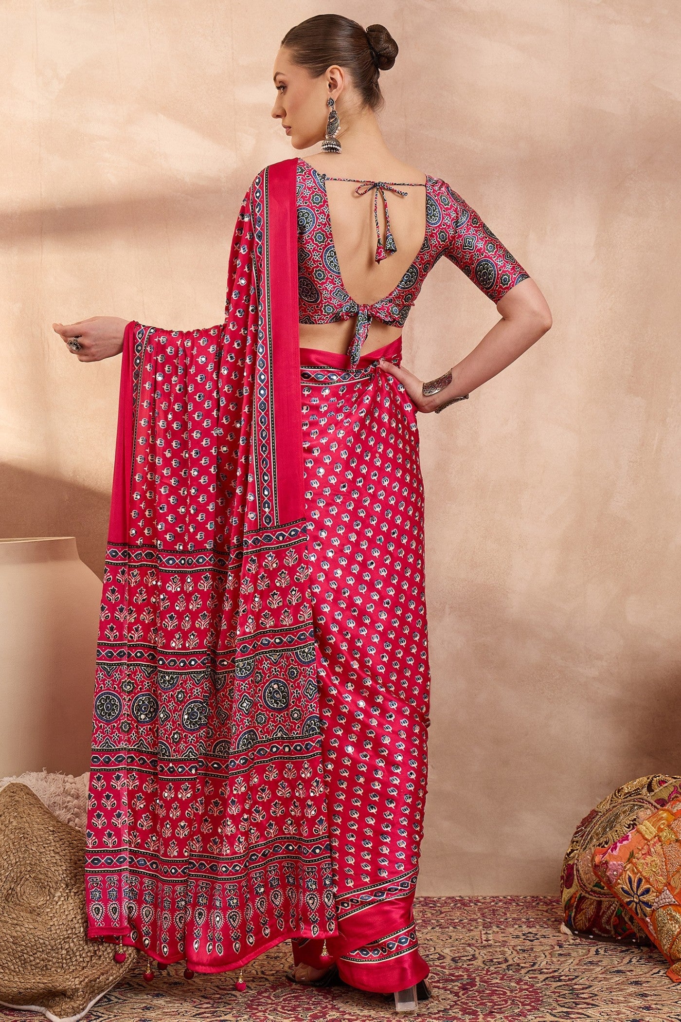 Buy MySilkLove Barn Red Modal Ajrakh Satin Printed Silk Saree Online