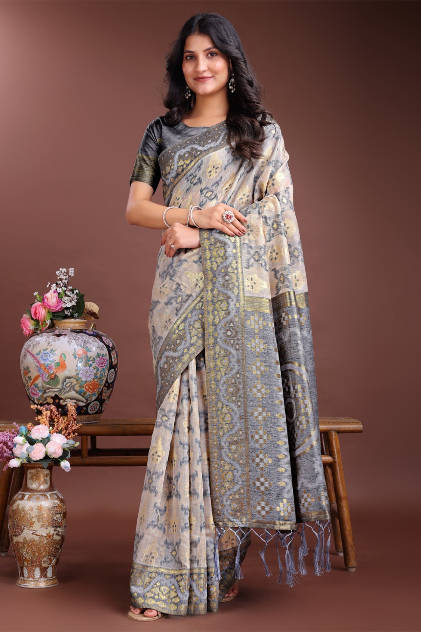 Buy MySilkLove Pewter Grey Linen Cotton Saree Online