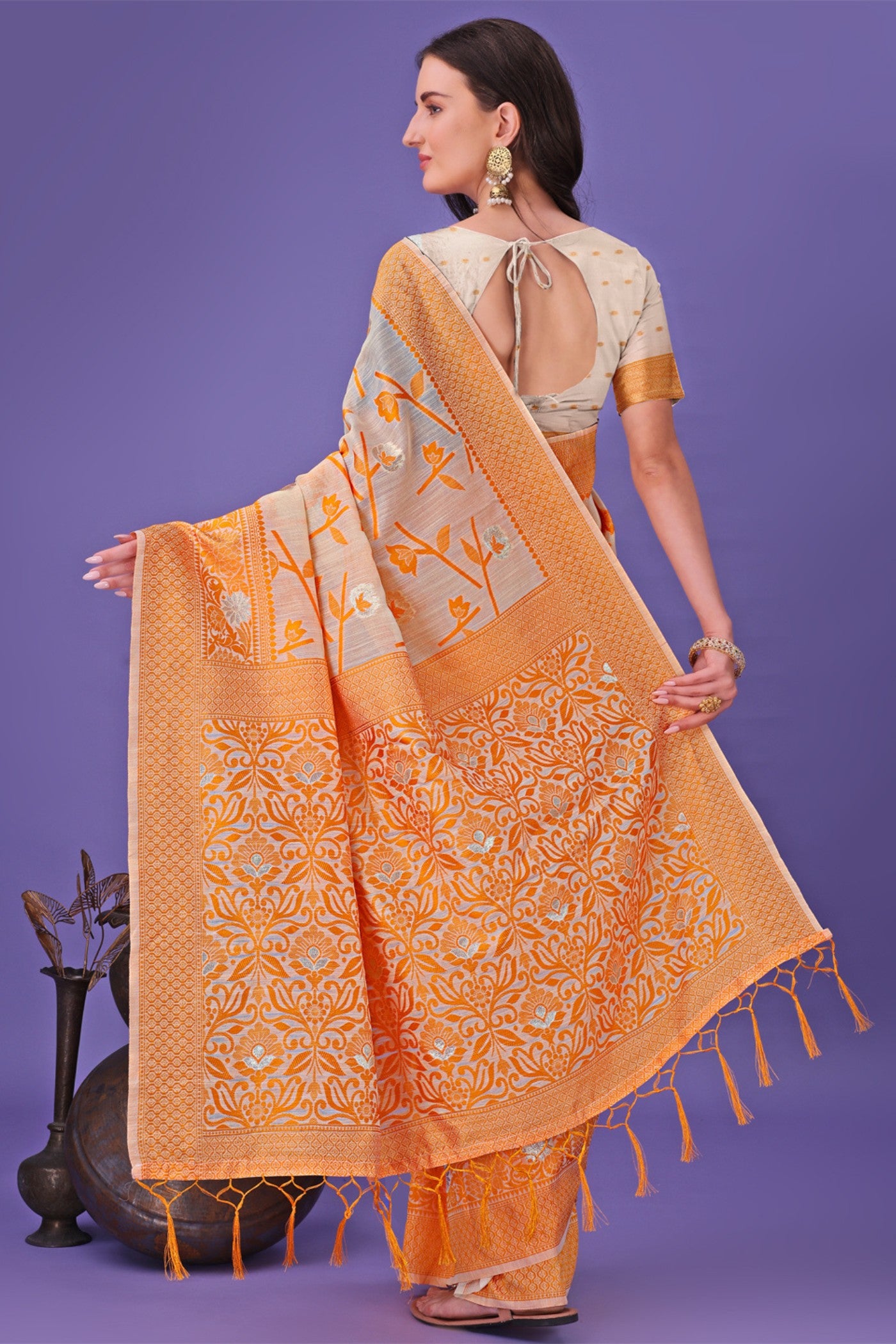 Buy MySilkLove Carrot Orange Linen Cotton Saree Online