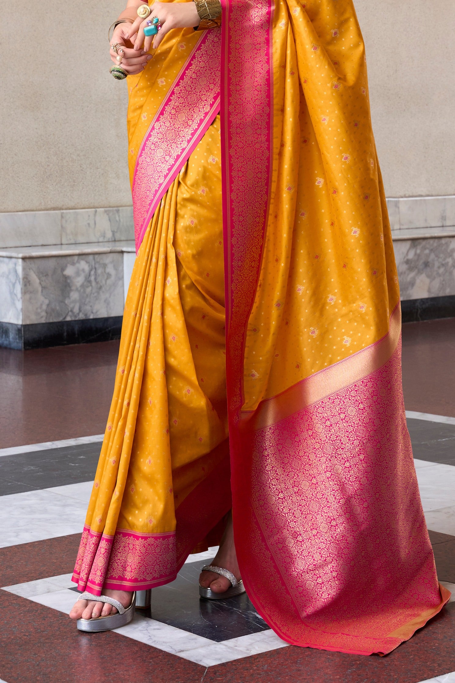 Buy MySilkLove Gamboge Orange Zari Woven Banarasi Soft Silk Saree Online