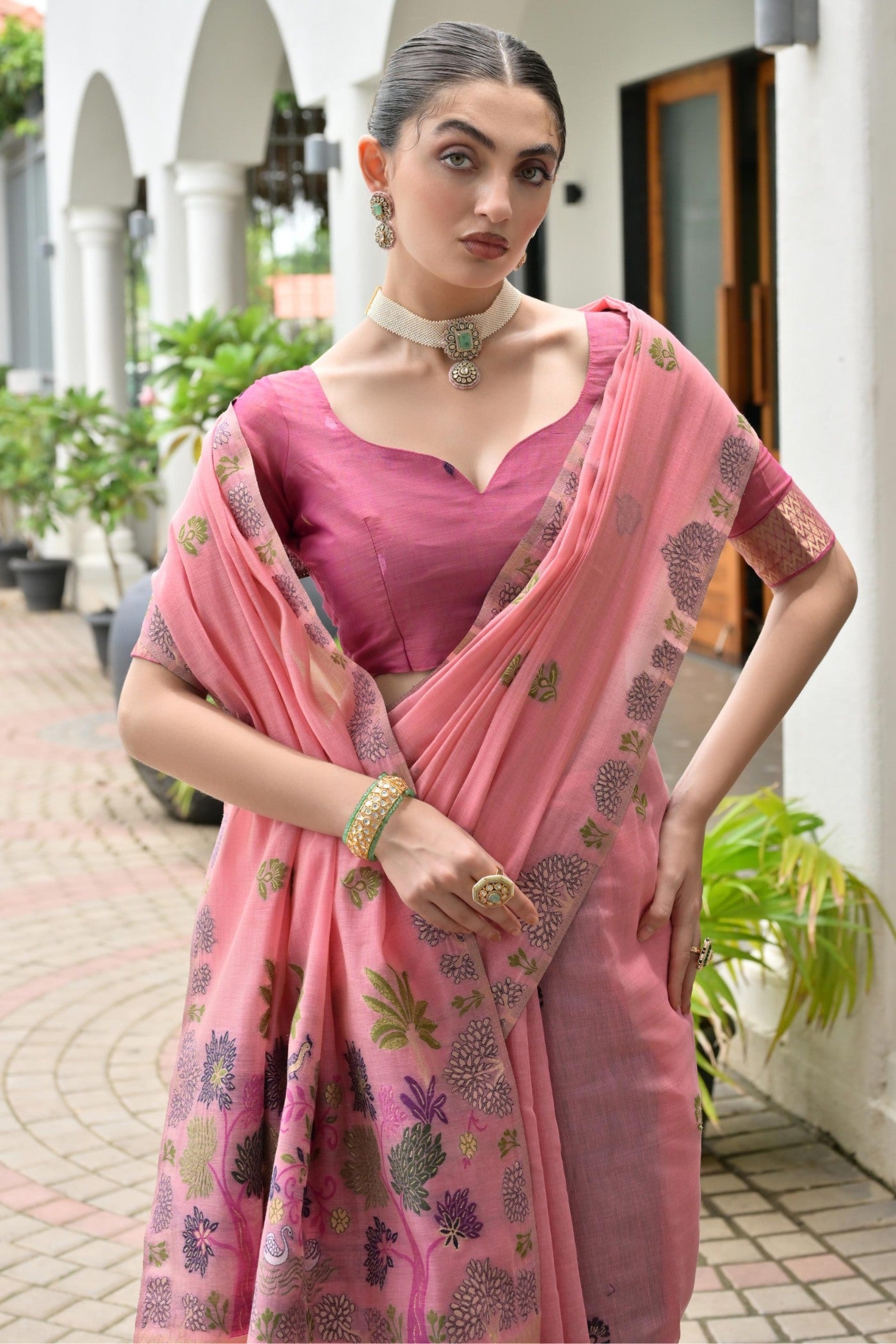 MySilkLove Mulberry Pink Woven Muga Cotton Saree