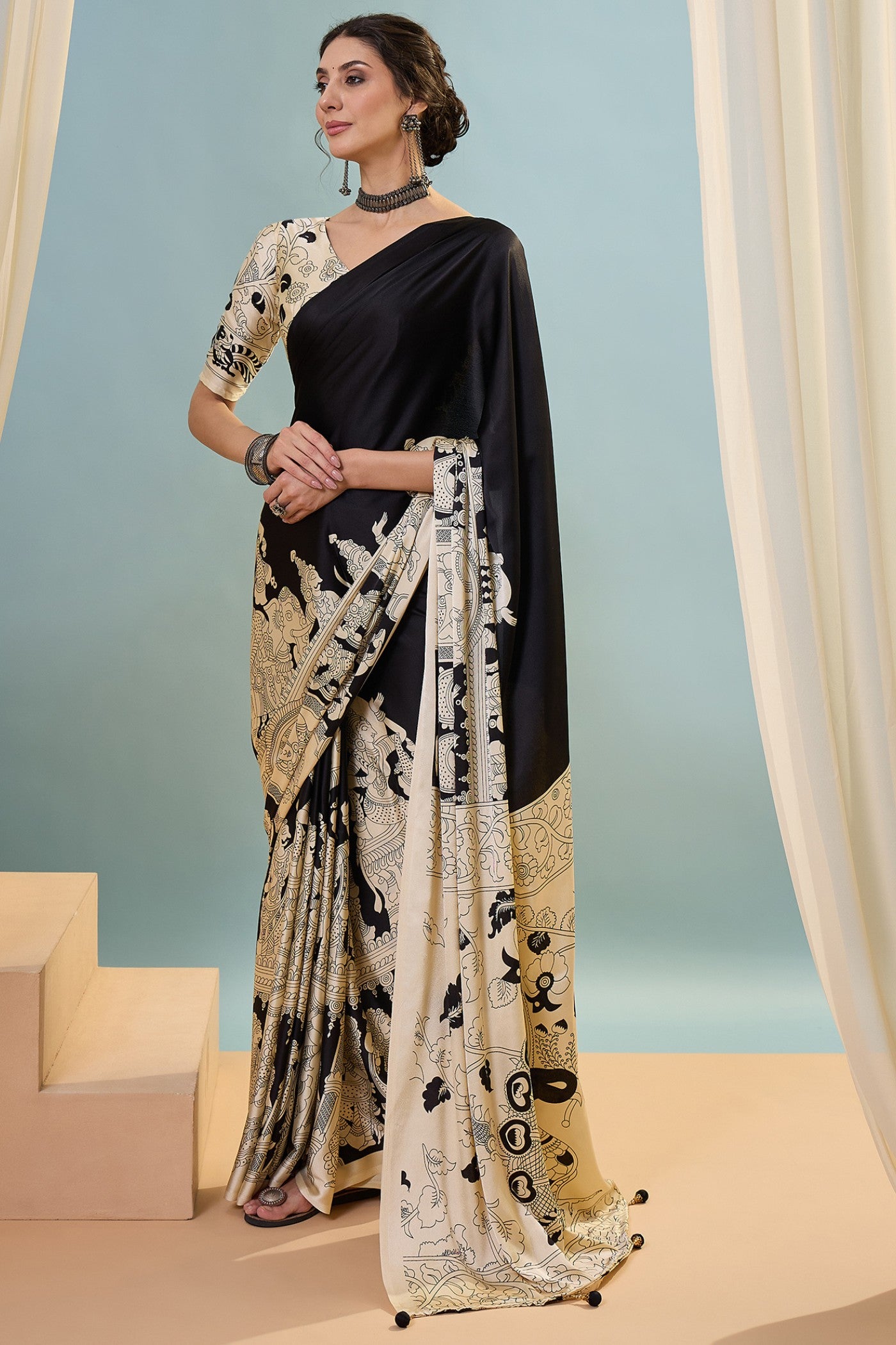 Buy MySilkLove Gunmetal Black Ajrakh Printed Satin Crepe Silk Saree Online