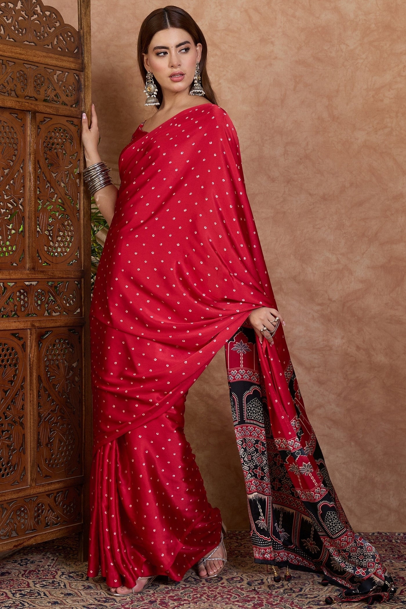 Buy MySilkLove Barn Red Ajrakh Printed Satin Crepe Silk Saree Online
