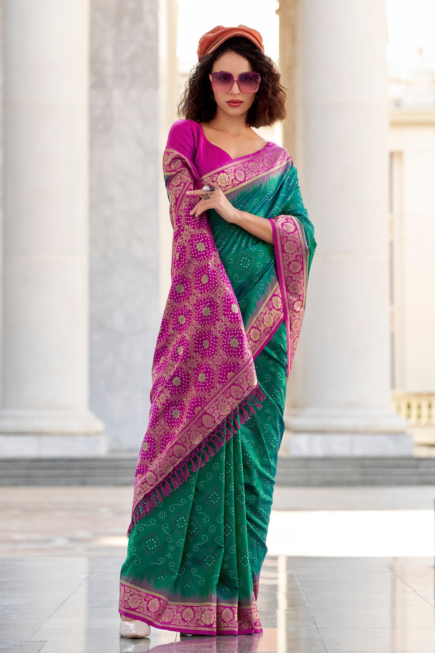 Buy MySilkLove Eucalyptus Green Woven Banarasi Bandhani Soft Silk Saree Online